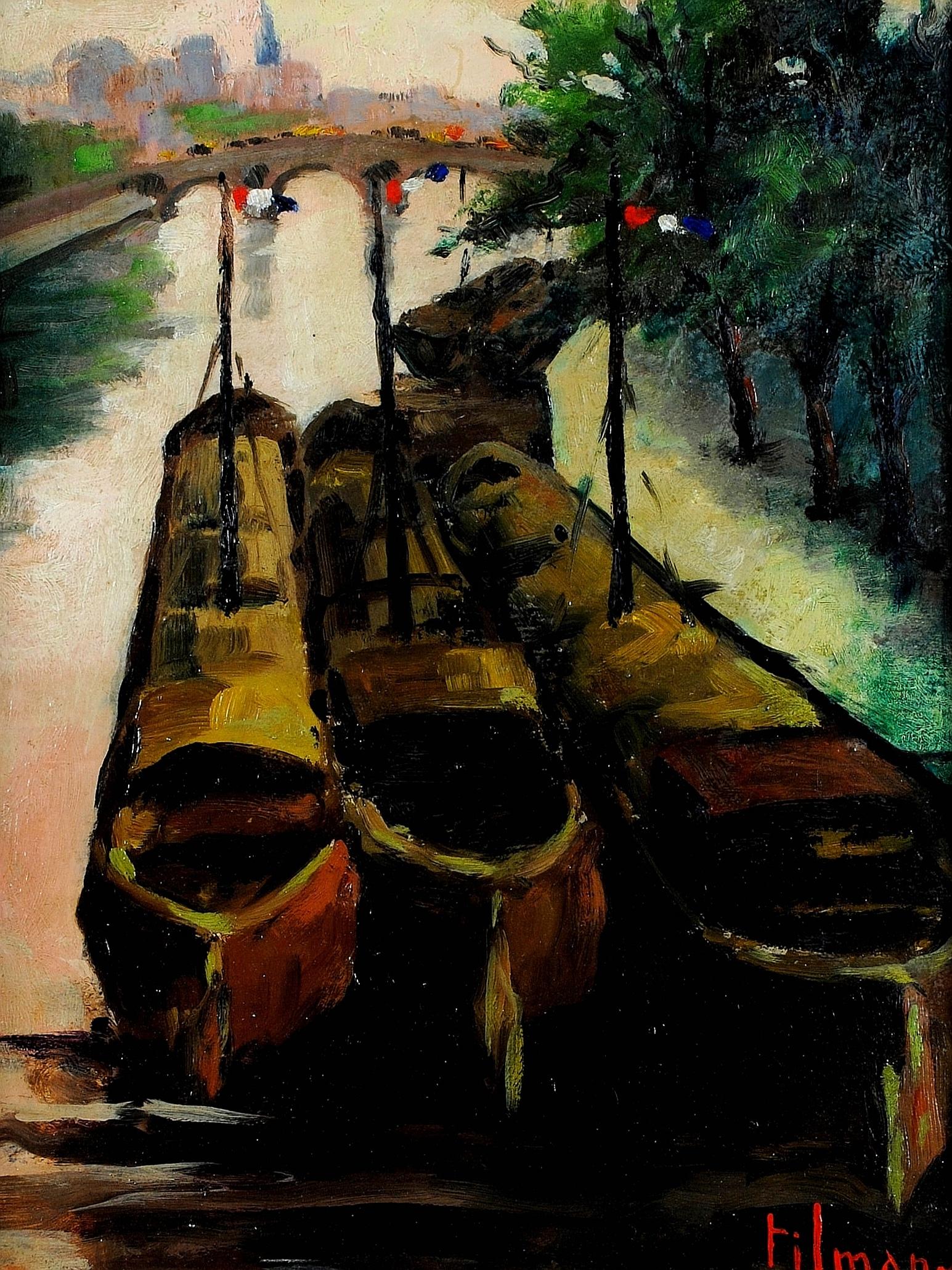 Le rive della Senna - Pittura impressionista della metà del XX secolo, Francia, Parigi - Painting di Emile Henry Tilmans