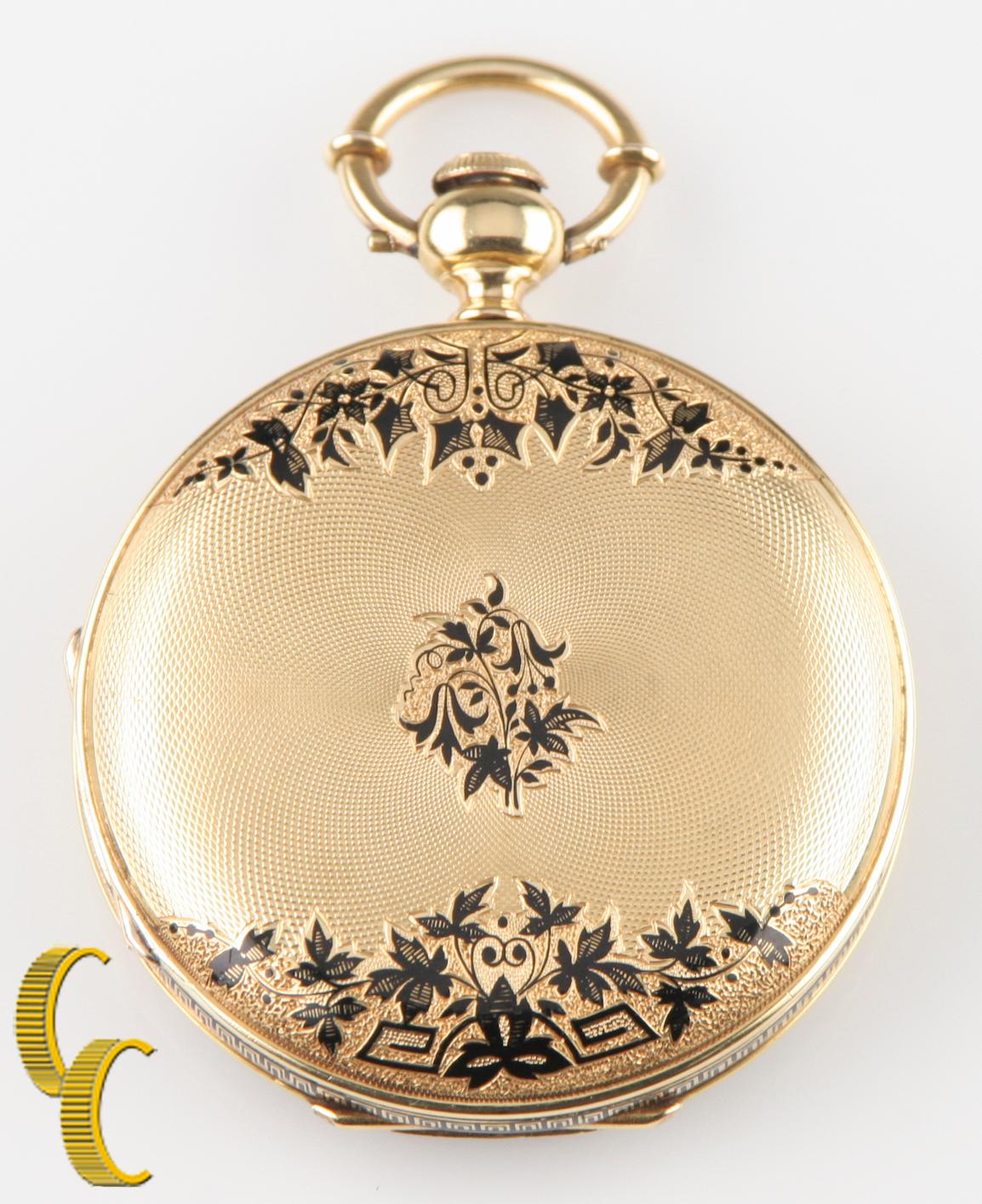 Beautiful Antique Emile Jacot Locle Pocket Watch w/ Ornate Black Hands & Dedicated Second Dial
18k Solid Gold Case w/ Beautiful Black Enamel Engraving on Both Sides
Black Arabic Numerals
Case Serial #38277 (Hallmarked 