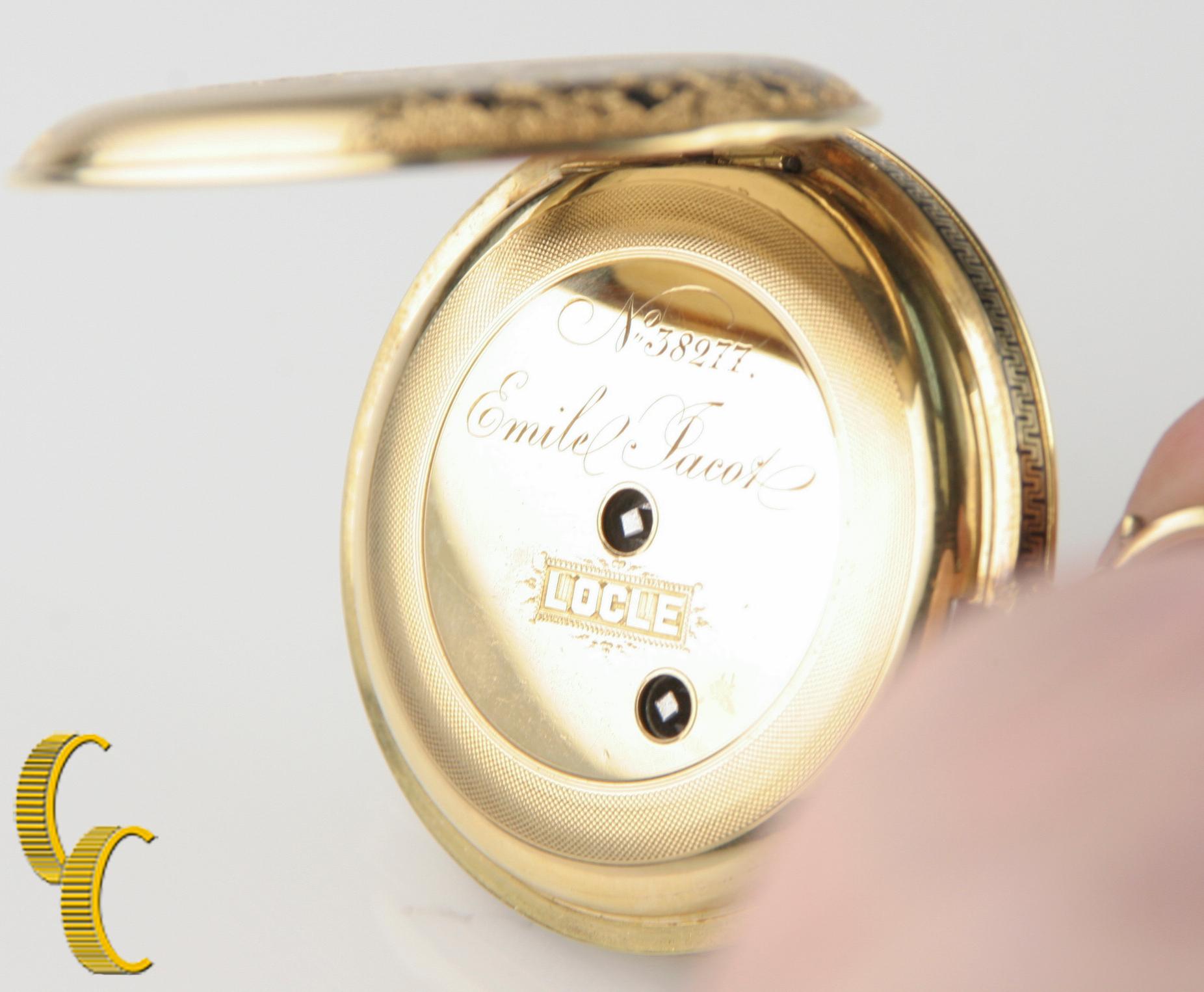 Emile Jacot Locke 18 Karat Yellow Gold and Enamel Pocket Watch Full Hunter In Fair Condition In Sherman Oaks, CA