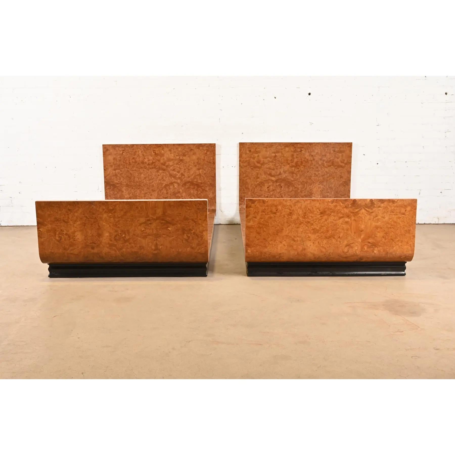Mid-20th Century Émile-Jacques Ruhlmann Style French Art Deco Burl Wood Twin Size Beds, Pair For Sale