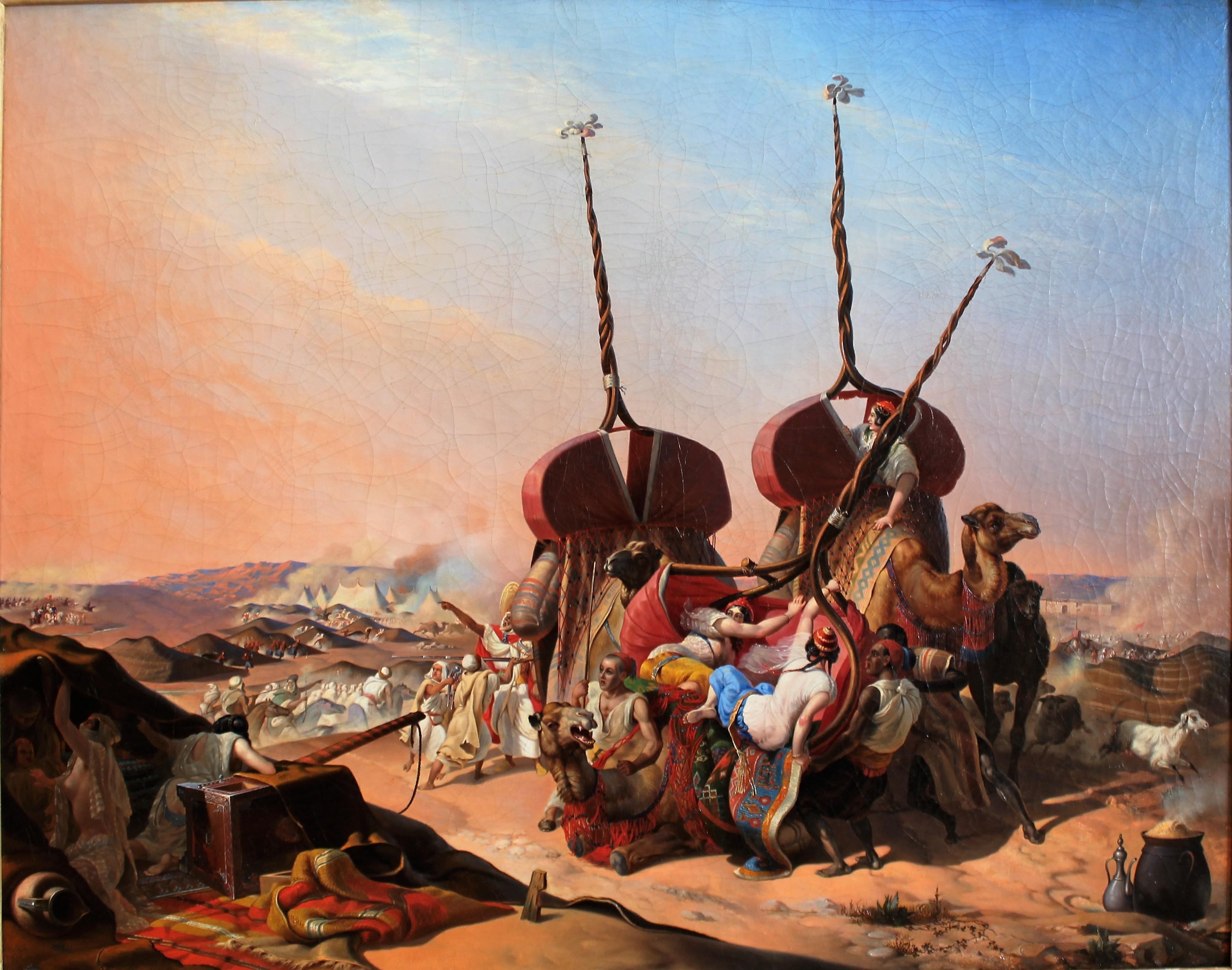 Circle of Emile Jean Horace Vernet (1789-1863)
The Capture of the Smalah of Abd el Kader
oil on canvas
48 x 55 1/2 in; 121 x 141 cms
(including magnificent contemporary carved frame)

Provenance
Private collection, United States

This important and