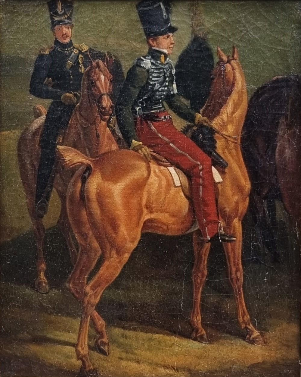 Quadro romantico francese 19° Circolo di Horace VERNET I cavalli degli Ussari - Figurative Painting Nero di Émile Jean-Horace Vernet 