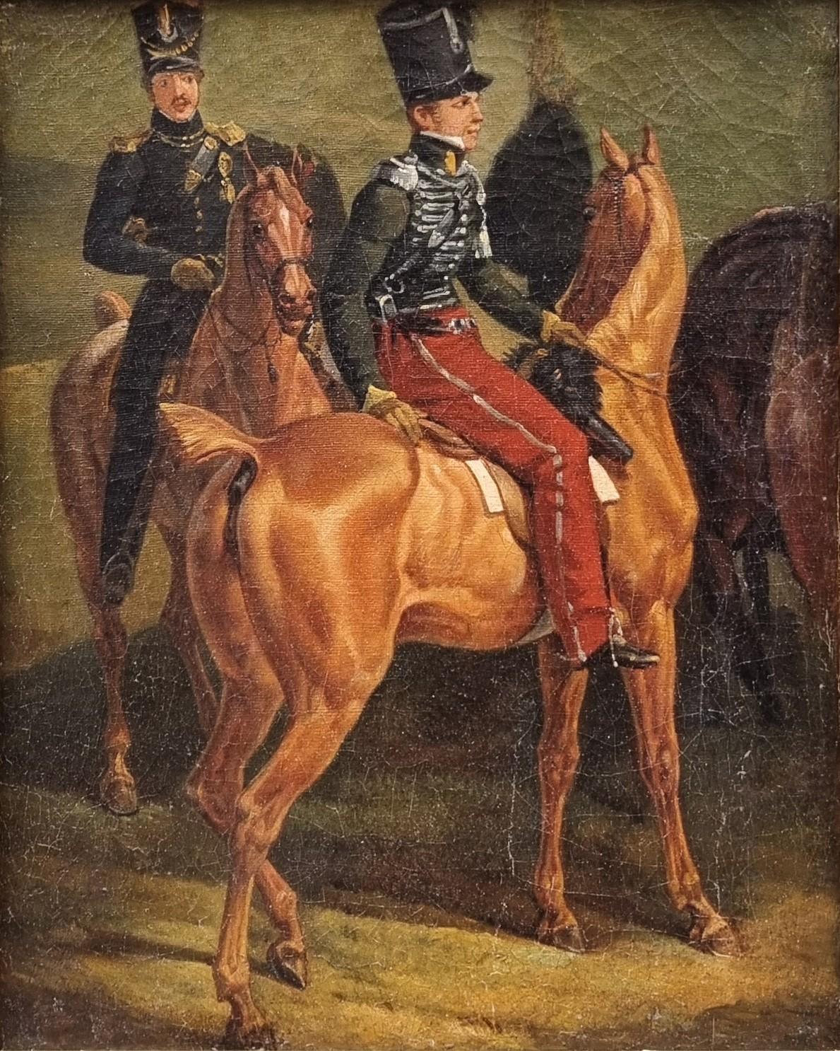 Figurative Painting di Émile Jean-Horace Vernet  - Quadro romantico francese 19° Circolo di Horace VERNET I cavalli degli Ussari