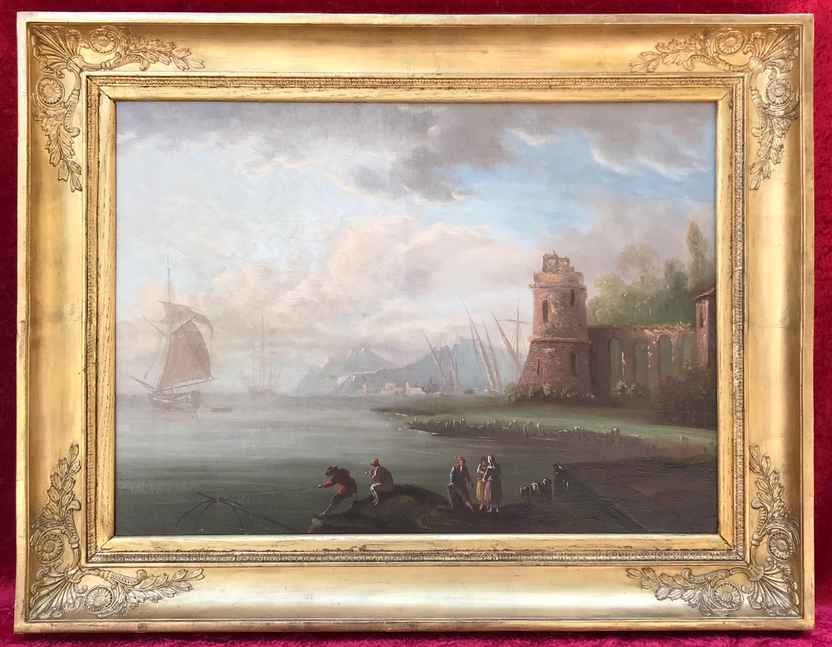 Landscape Painting de Émile Jean-Horace Vernet  - Puerto con personajes
