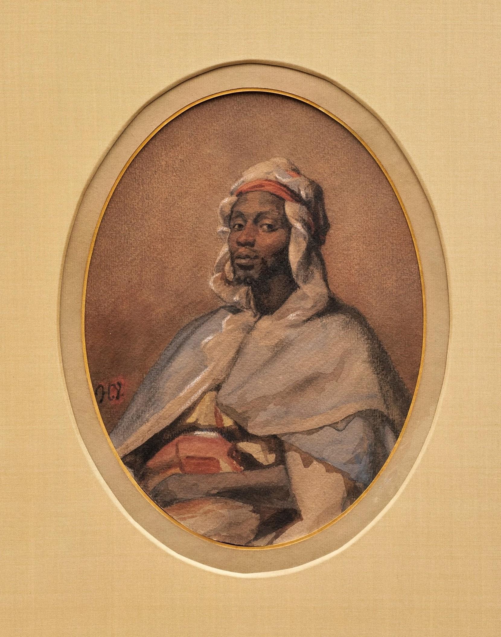 “Orientalist Portrait of an Arab Man” Jean-Horace Vernet (French 1789-1863) - Beige Portrait Painting by Émile Jean-Horace Vernet 