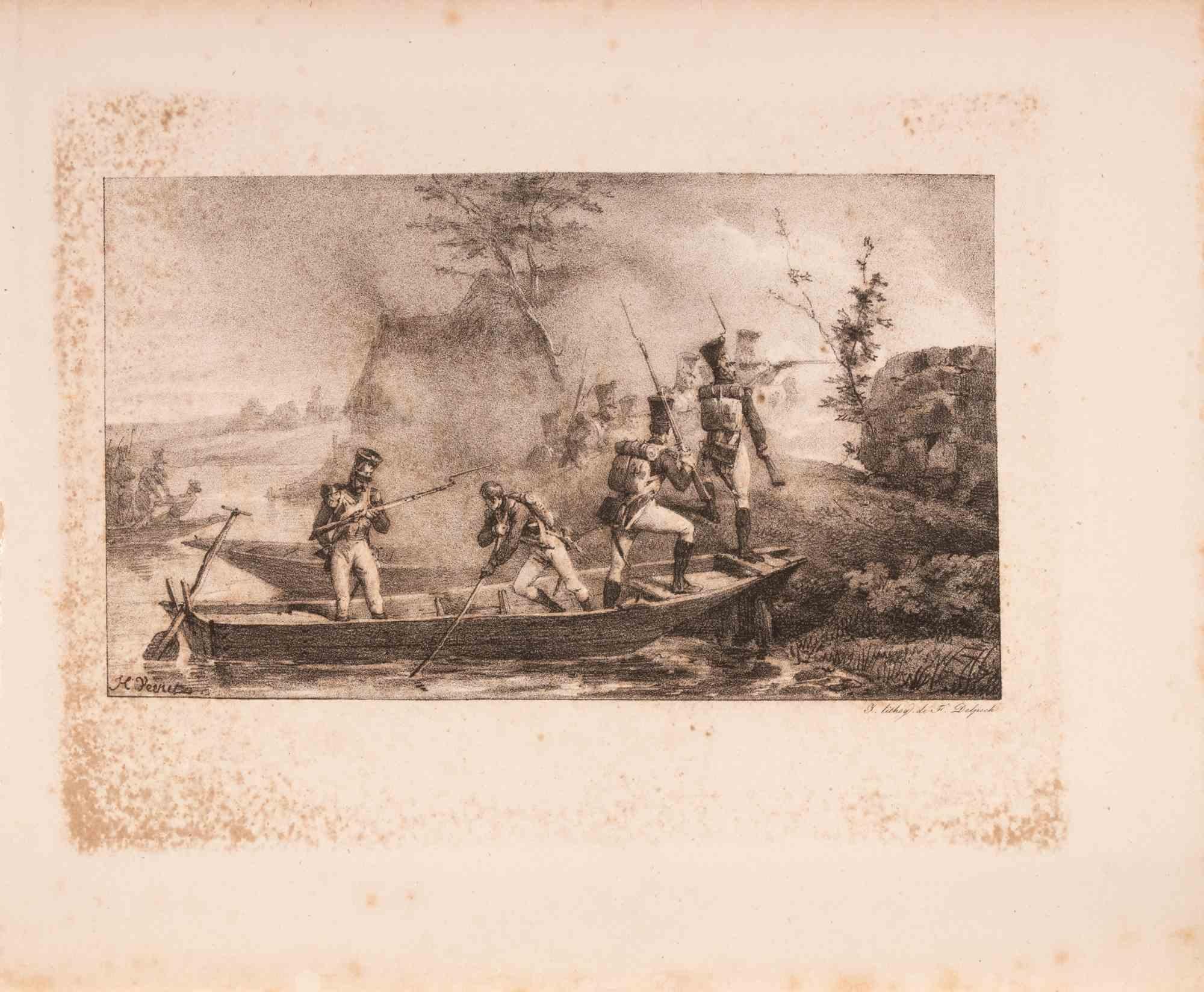 Émile Jean-Horace Vernet  Figurative Print - Skirmish on the River - Lithograph by Horace Vernet - 19th century