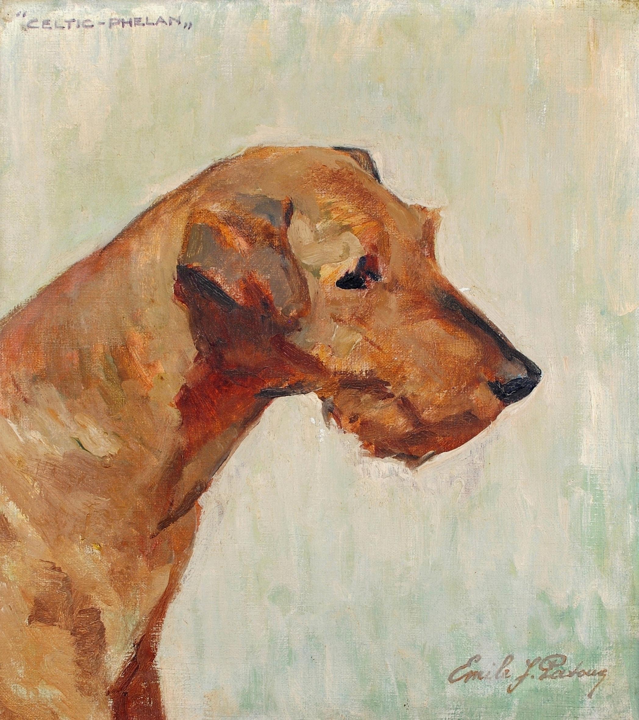 Celtic Phelan - Ritratto di Terrier Antico Cane Belga Olio su Tela - Animal Painting Beige di Emile Joseph Patoux