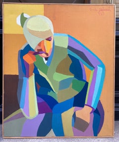 Emile Lafamé. Portrait of a man with a pipe, 1969. Cubist oil painting. signed.
