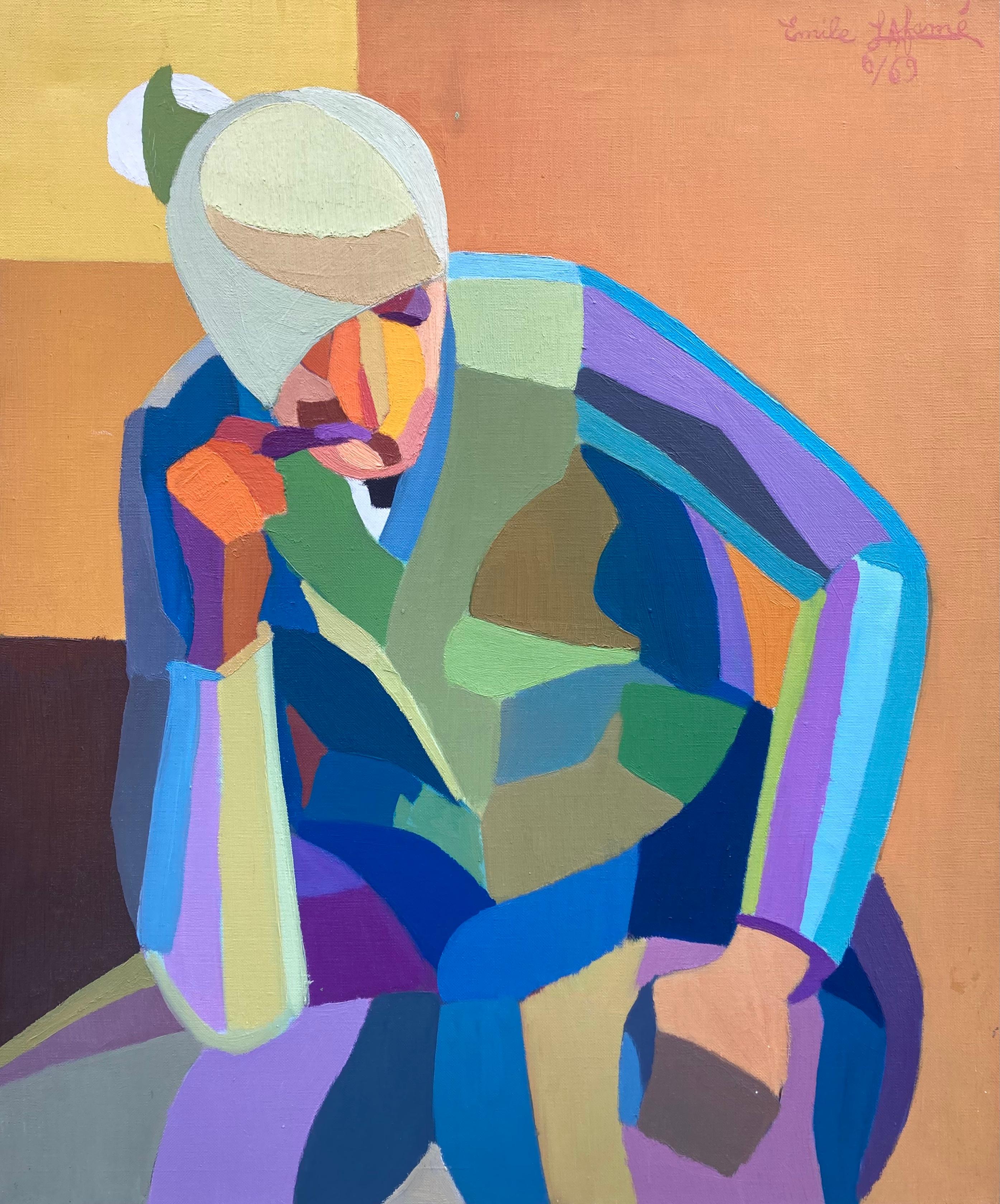 Emile Lafamé. Portrait of a man with a pipe, 1969. Cubist oil painting. signed.
