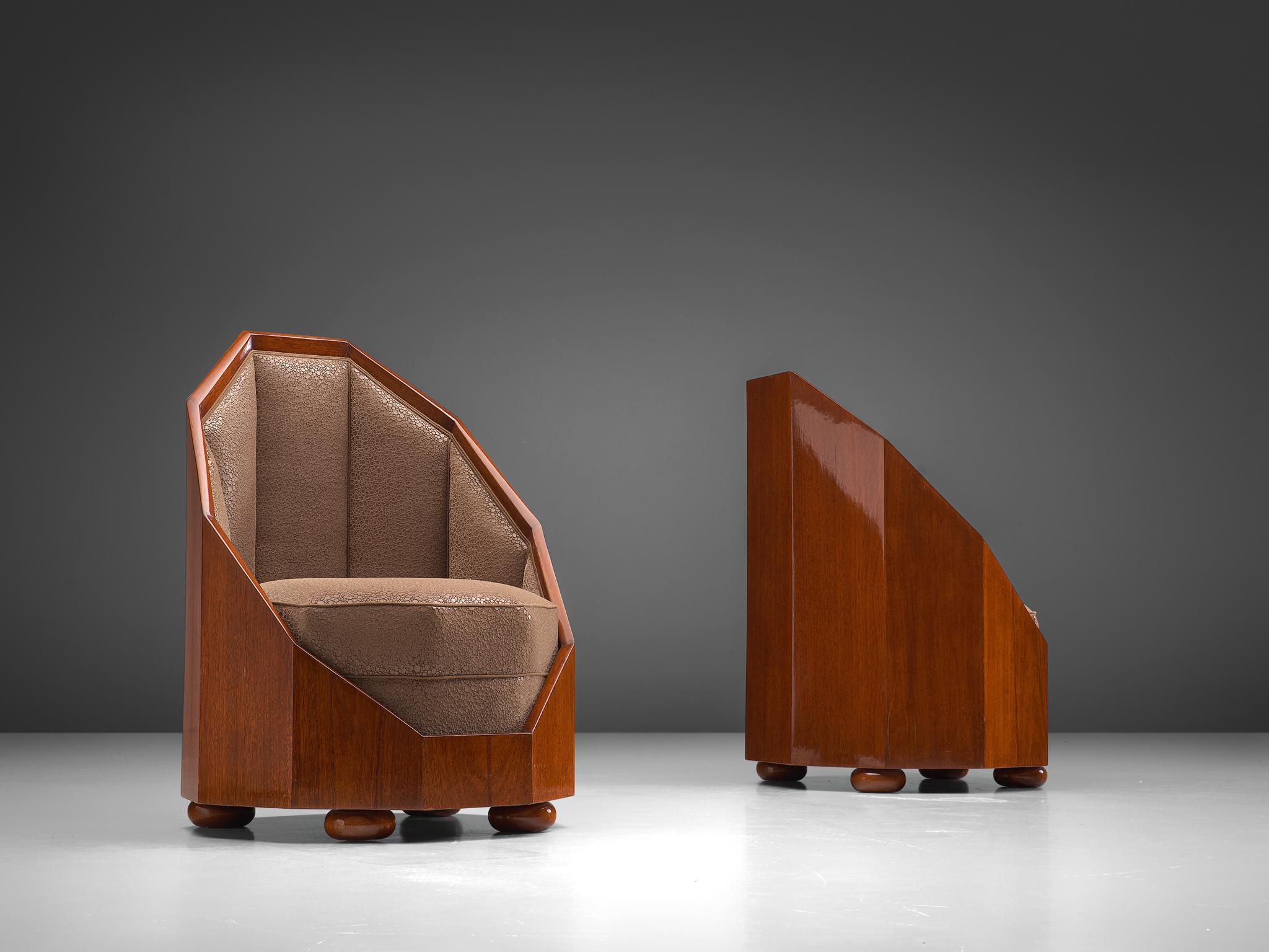 Emile Léon Bouchet, pair of easy chairs, teak and upholstery, Italy, circa 1925.

A pair of lounge chairs by the French decorator Emile Léon Bouchet. His designs were based on 18th and 19th century traditions but with a modern approach. The seat
