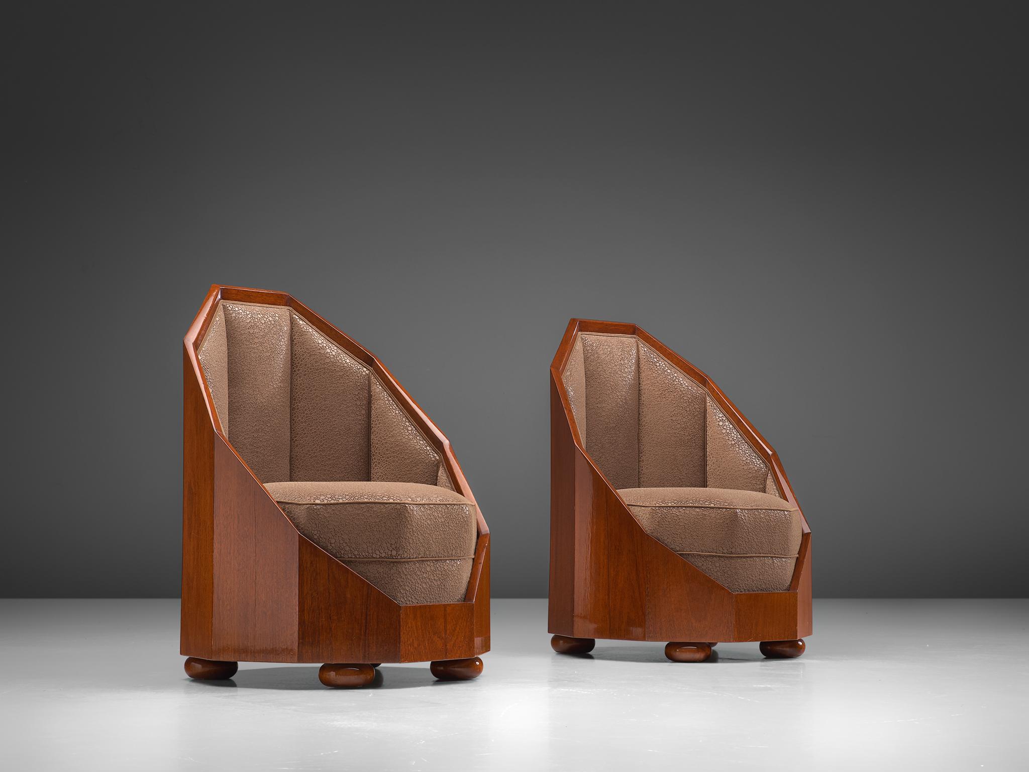 Mid-Century Modern Emile Léon Bouchet Pair of Easy Chairs, Teak and Upholstery, Italy, circa 1925