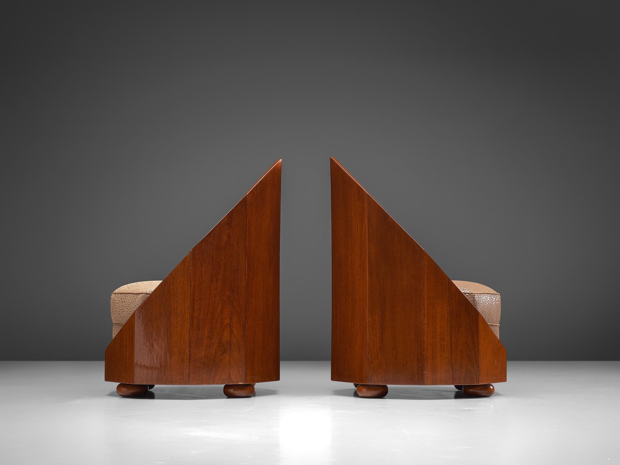 Italian Emile Léon Bouchet Pair of Easy Chairs, Teak and Upholstery, Italy, circa 1925