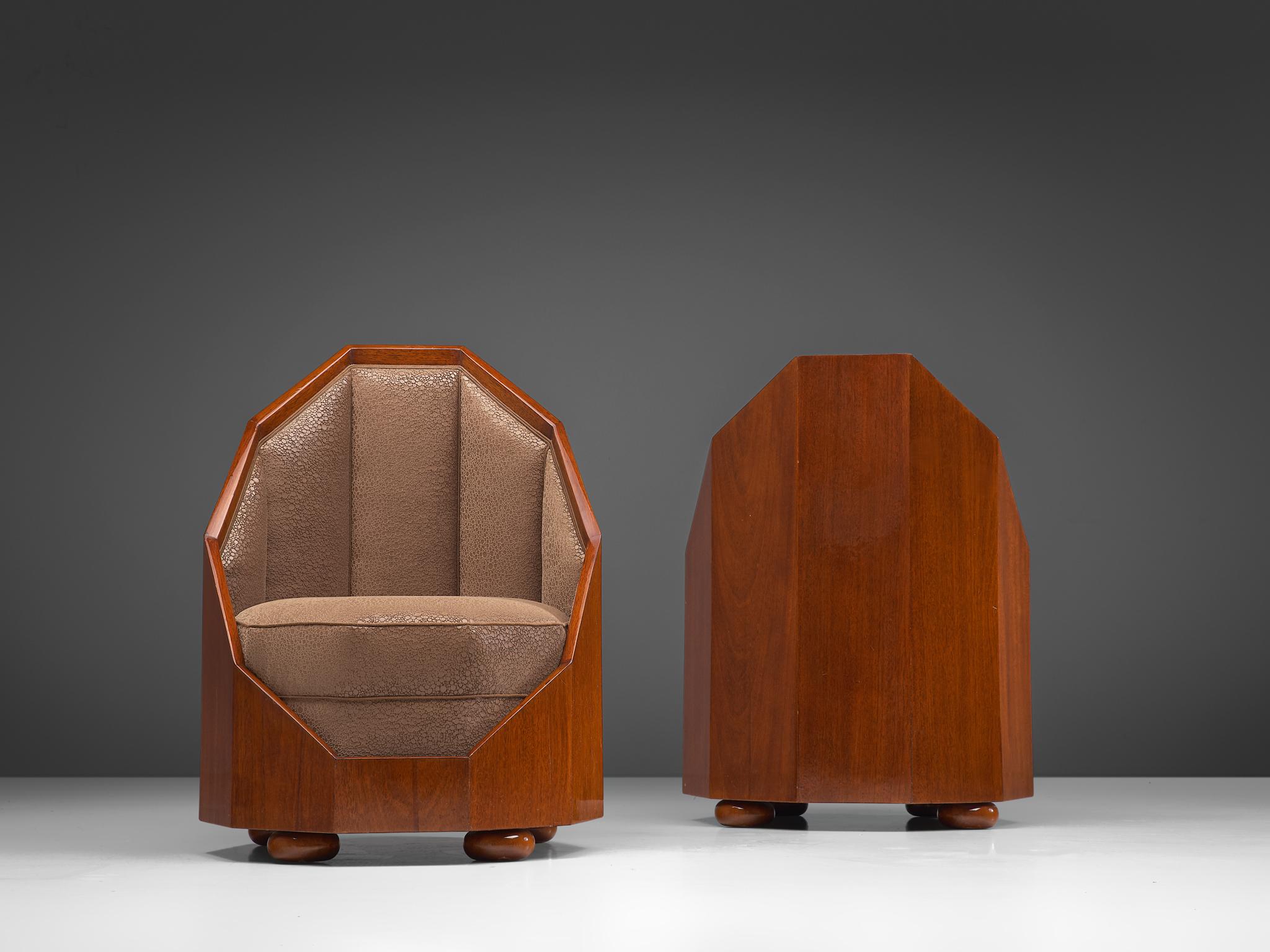Early 20th Century Emile Léon Bouchet Pair of Easy Chairs, Teak and Upholstery, Italy, circa 1925