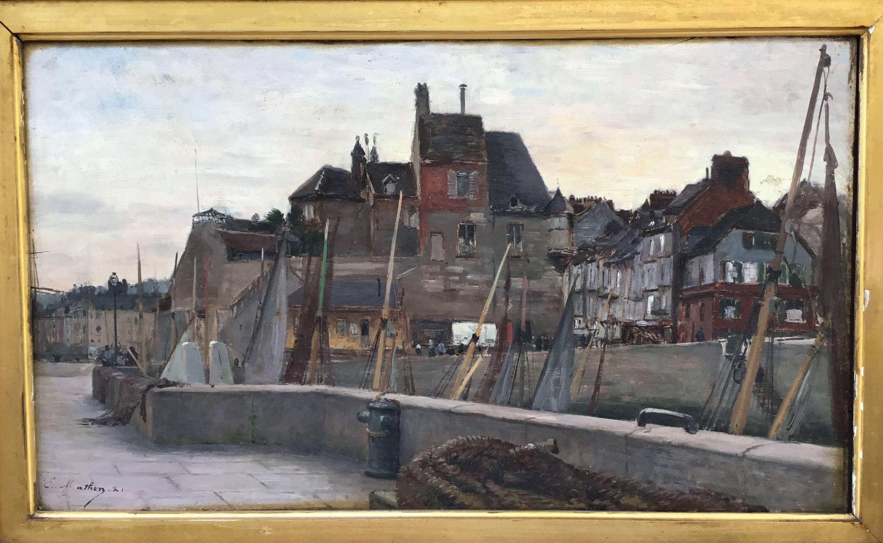 Français Peinture à l'huile sur bois de Emile Louis Mathon, Lieutenancy à Honfleur