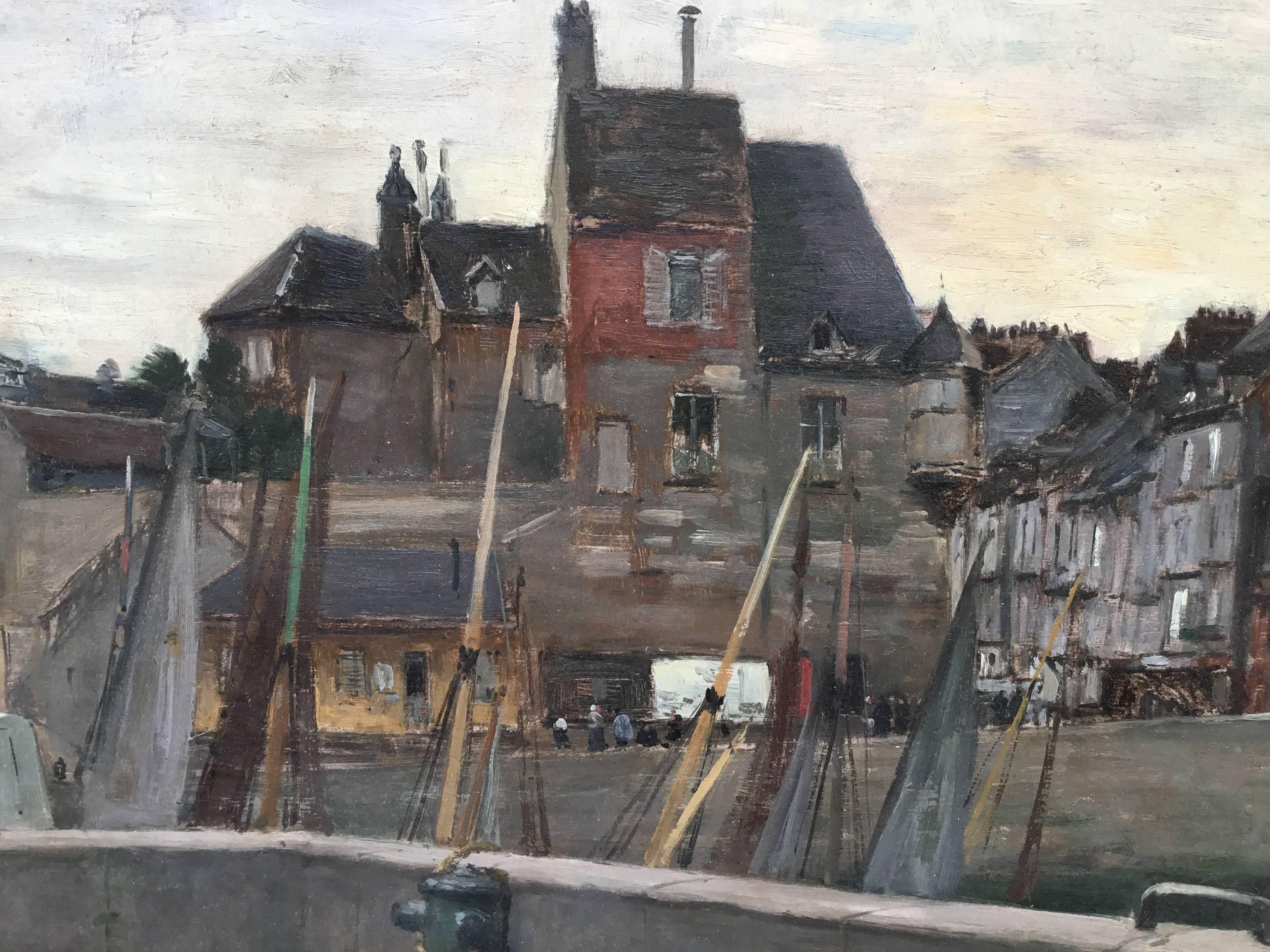 Peinture à l'huile sur bois de Emile Louis Mathon, Lieutenancy à Honfleur Excellent état à Delray Beach, FL