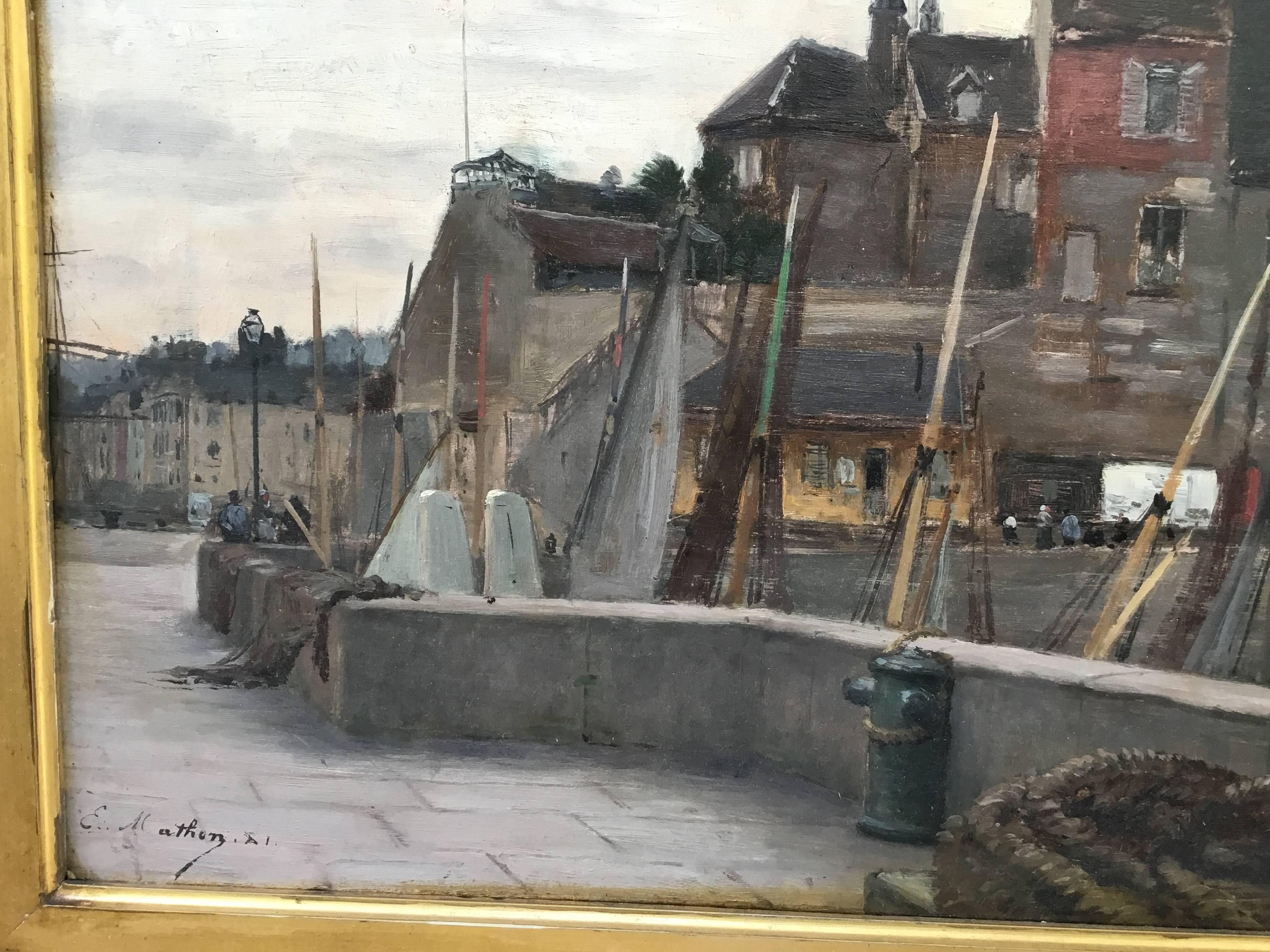 XIXe siècle Peinture à l'huile sur bois de Emile Louis Mathon, Lieutenancy à Honfleur