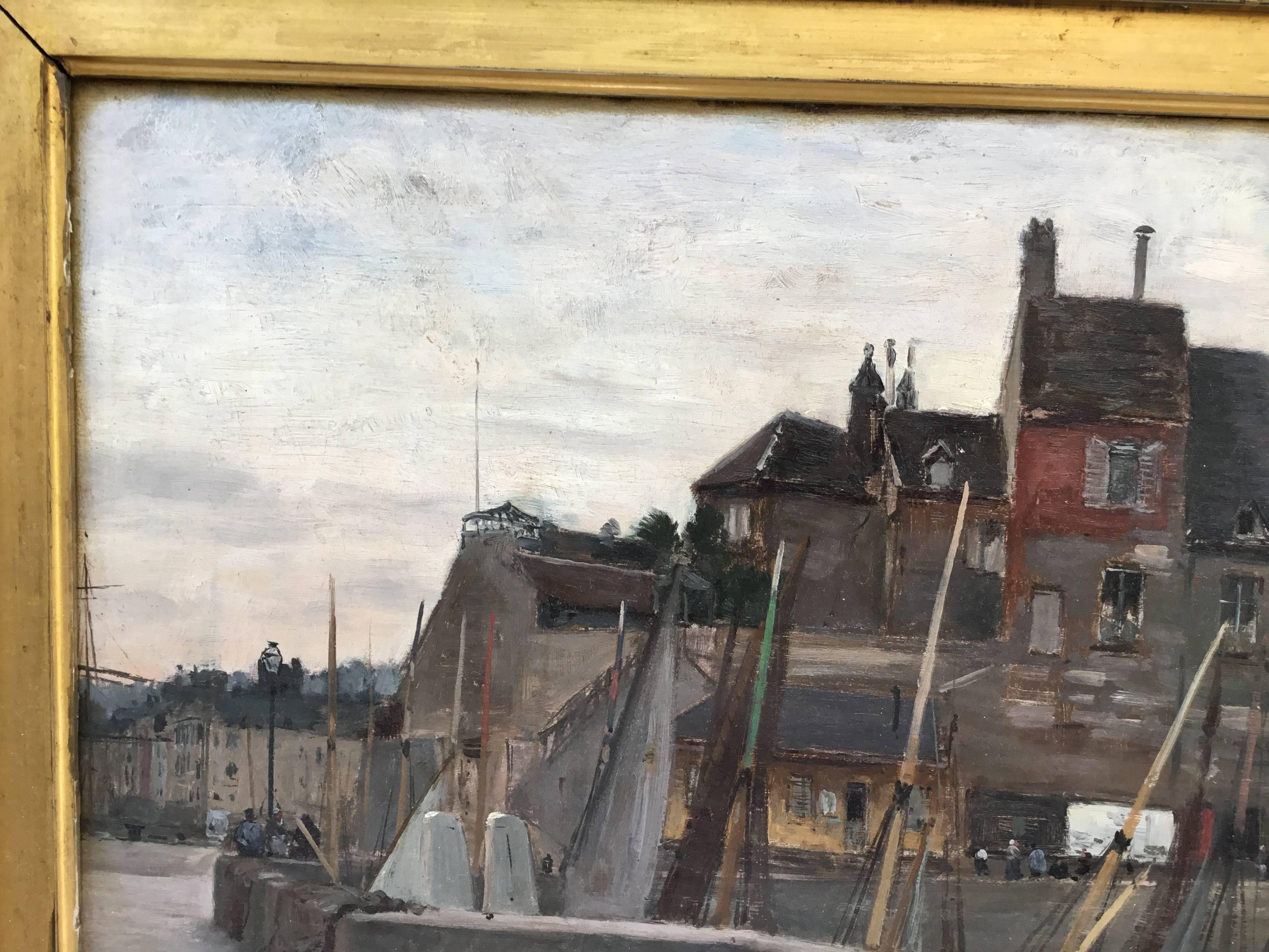 Emile Louis Mathon “The Lieutenancy at Honfleur” Oil Painting on Wood In Excellent Condition In Delray Beach, FL