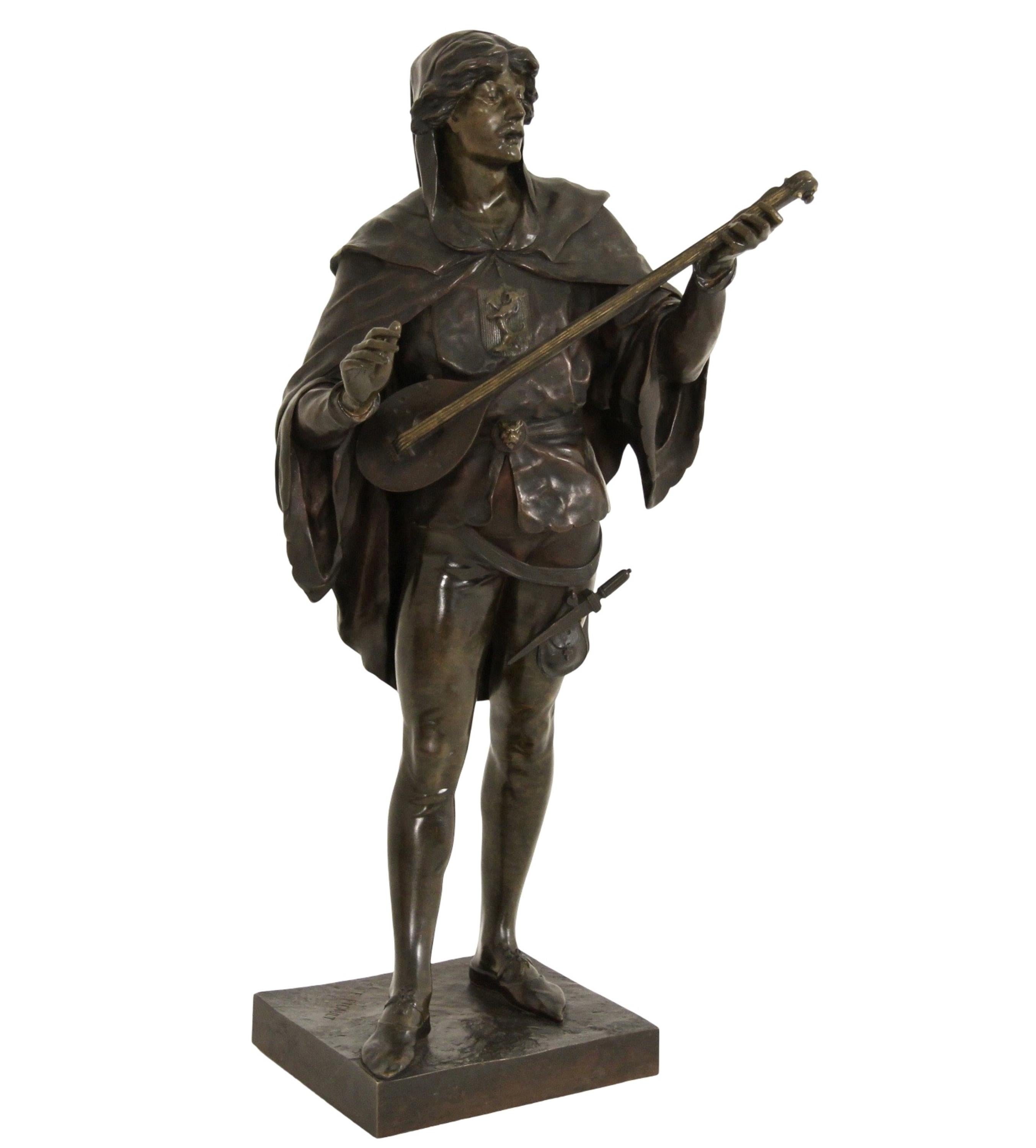 French bronze sculpture of a man playing a lute by Emile Louis Picault (French, 1833-1915), signed on base, good rich patina