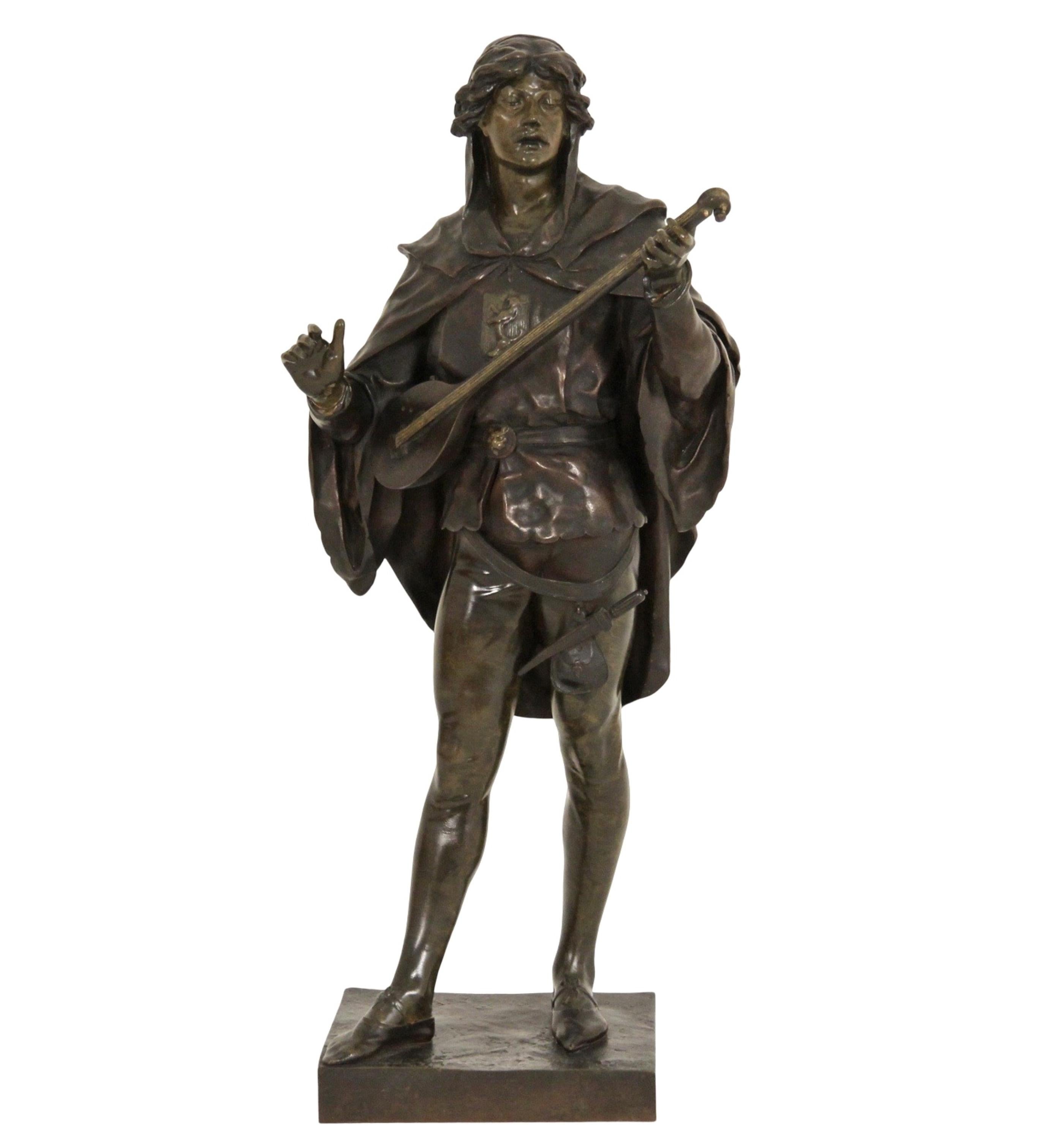 19th Century Emile Louis Picault (French, 1833-1915) Bronze Sculpture of Lute Player For Sale