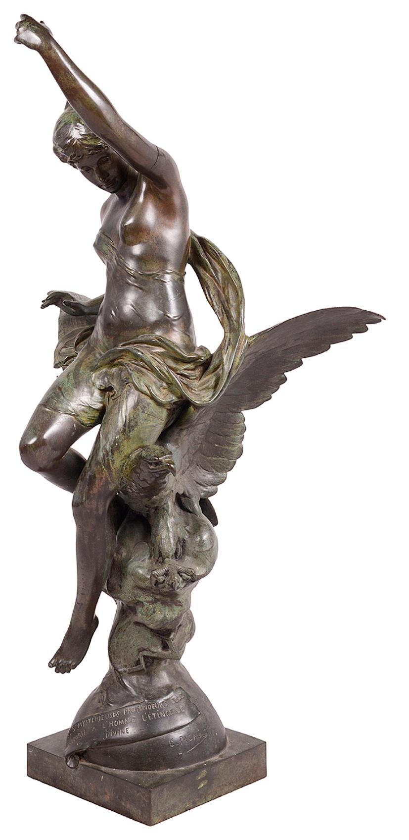 Émile Louis Picault, (French 1833 ~ 1915), Jupiter and Hebe, a patinated bronze group of the goddess and Jupiter as an eagle, she portrayed as nude but for diaphanous drapery and a sash billowing behind her, her left arm raised; supported between