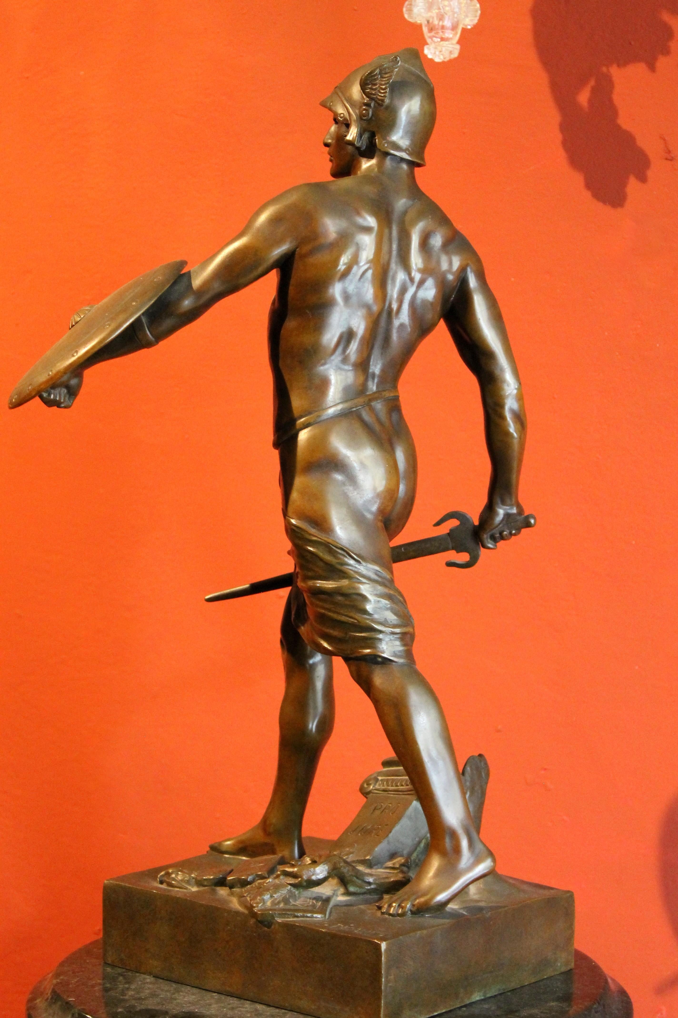 Antique French Burnished Bronze figurative Sculpture of a Gallic Warrior 3