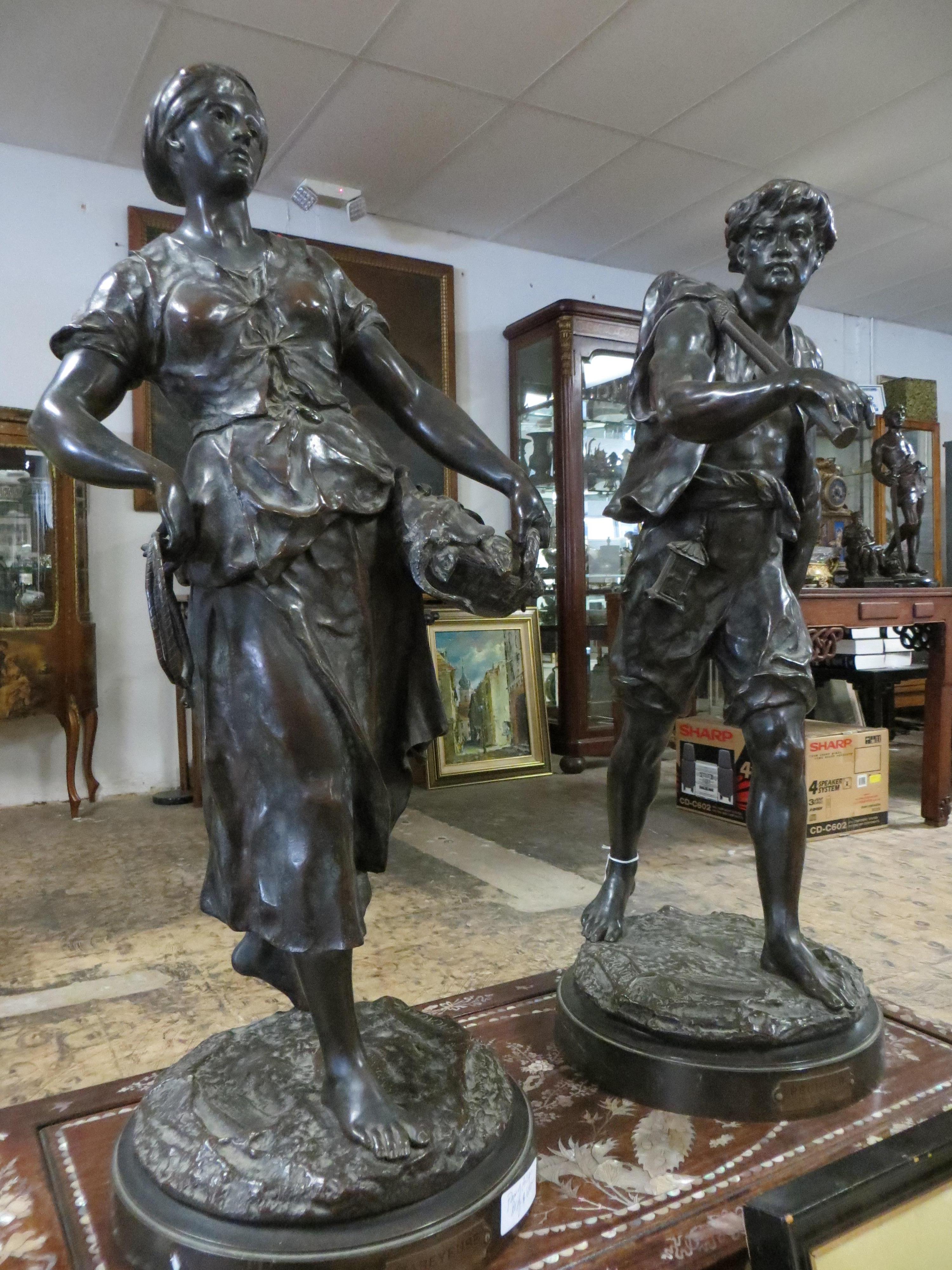 Pair Bronzes Statue's Signed By E. Picault 19 Century - Gold Figurative Sculpture by Émile Louis Picault