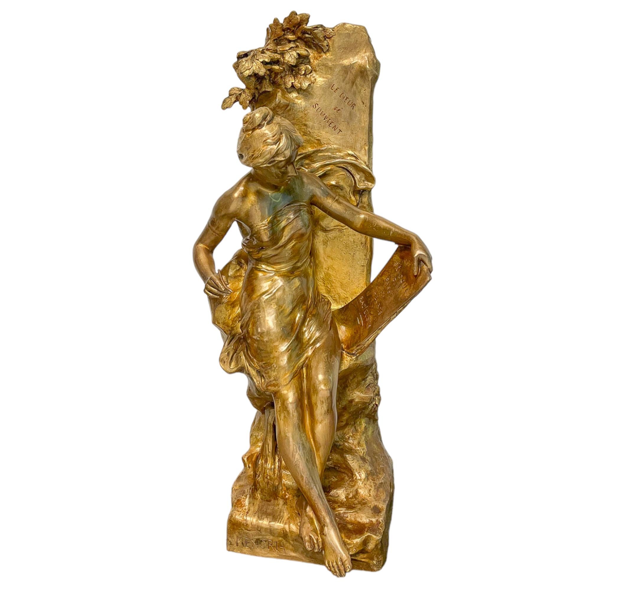 Statue figurative féminine « Memoria » en bronze patiné - Sculpture de Émile Louis Picault