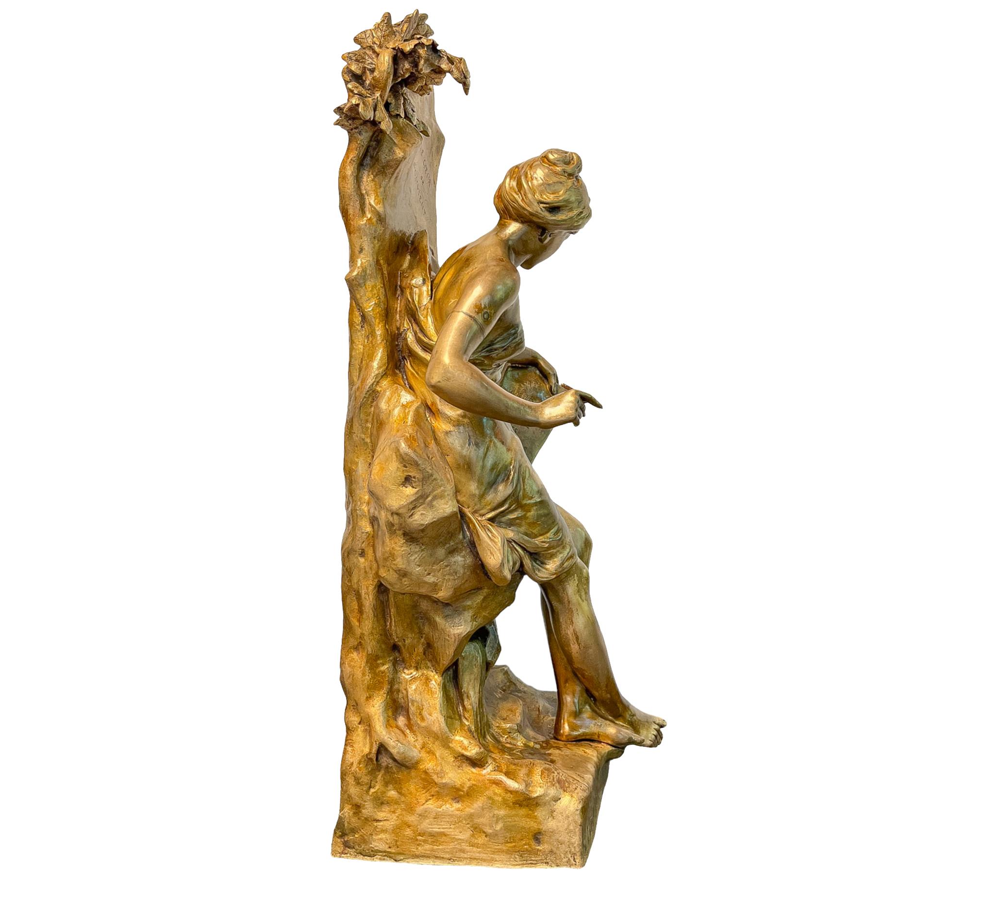 Statue figurative féminine « Memoria » en bronze patiné - Or Figurative Sculpture par Émile Louis Picault