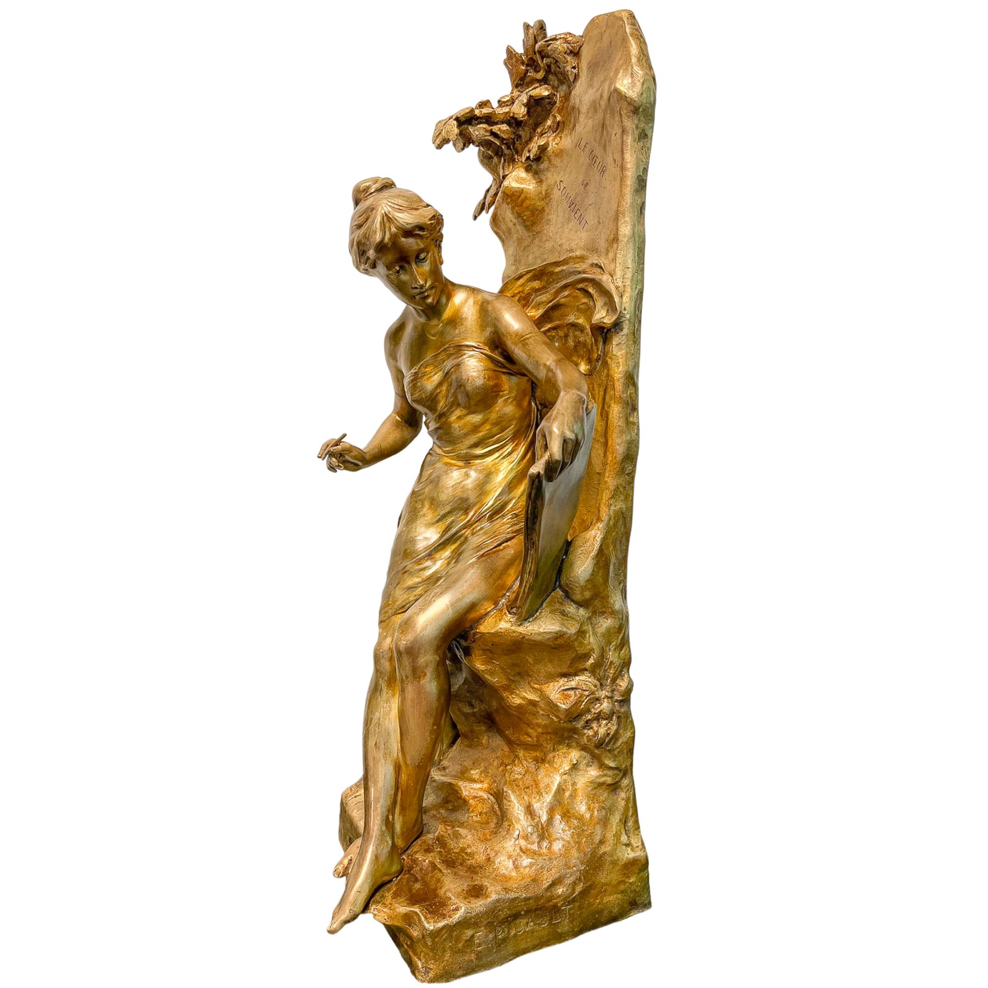 Figurative Sculpture Émile Louis Picault - Statue figurative féminine « Memoria » en bronze patiné
