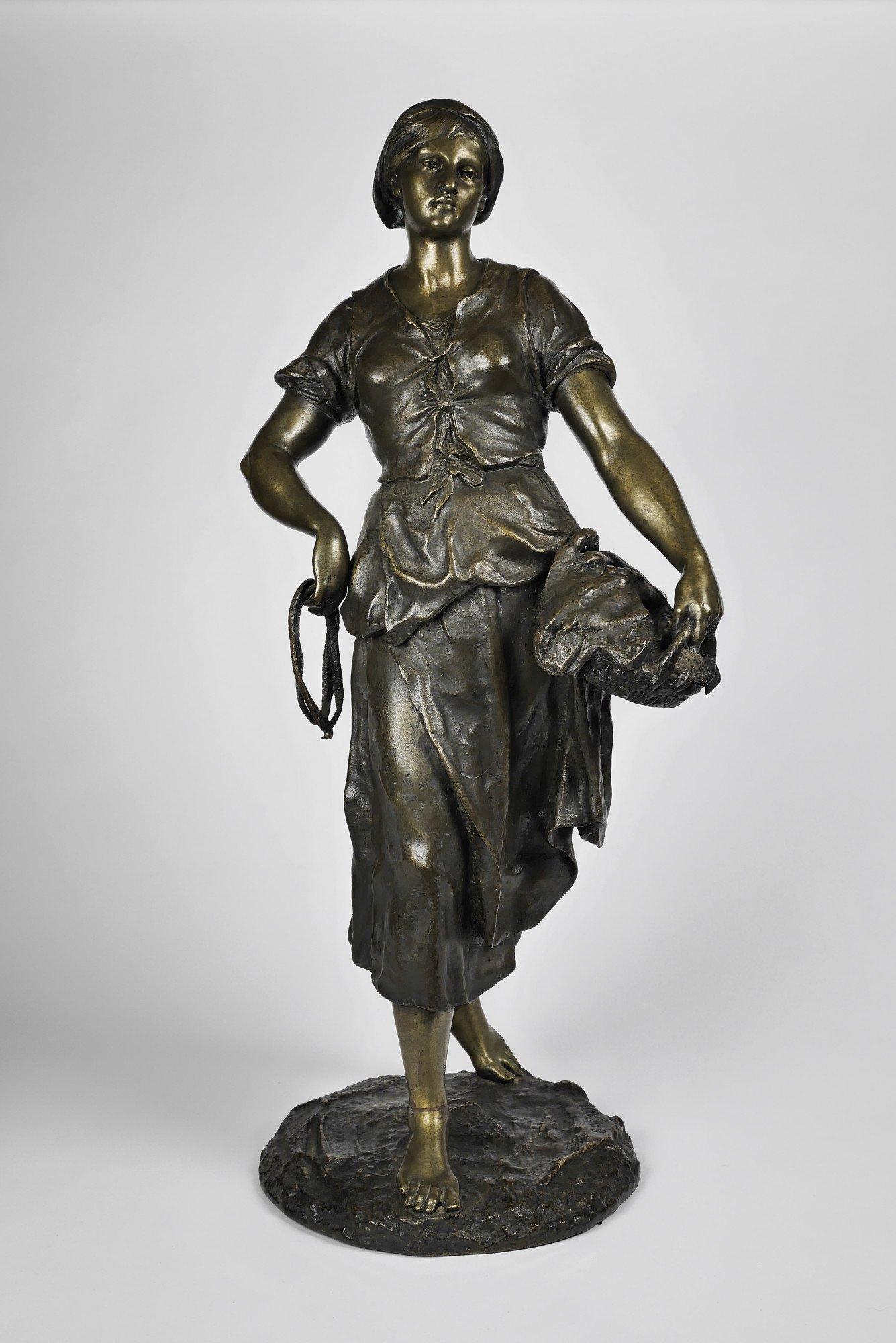 Émile Louis Picault Figurative Sculpture - The Fisherwoman, 19th century French bronze sculpture