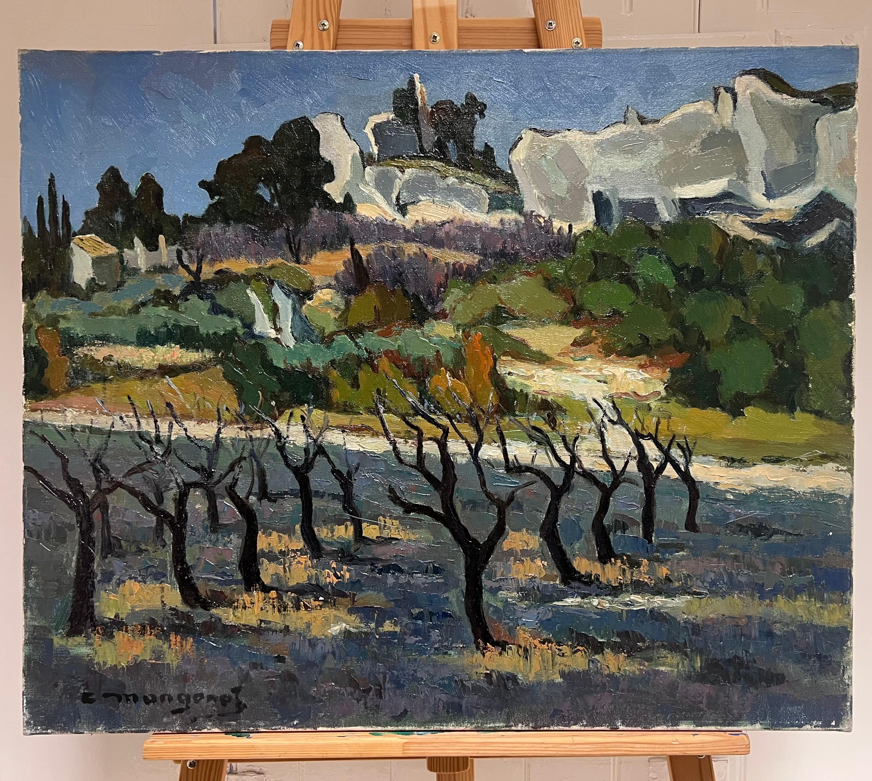 1960's French Post Impressionist Signed Oil Provencal Gnarled Almond Trees - Painting by Emile Mangenot