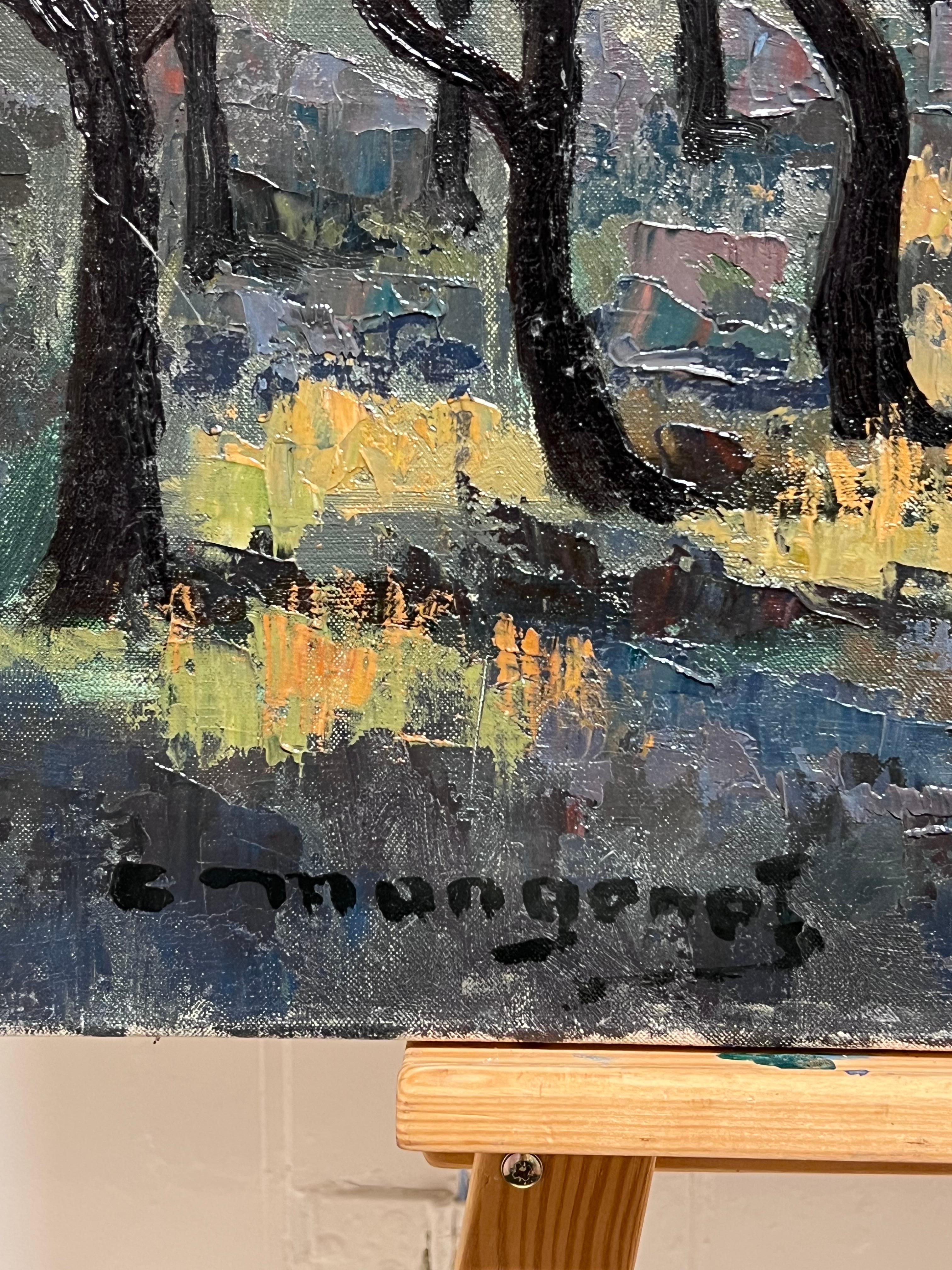 1960's French Post Impressionist Signed Oil Provencal Gnarled Almond Trees - Black Landscape Painting by Emile Mangenot