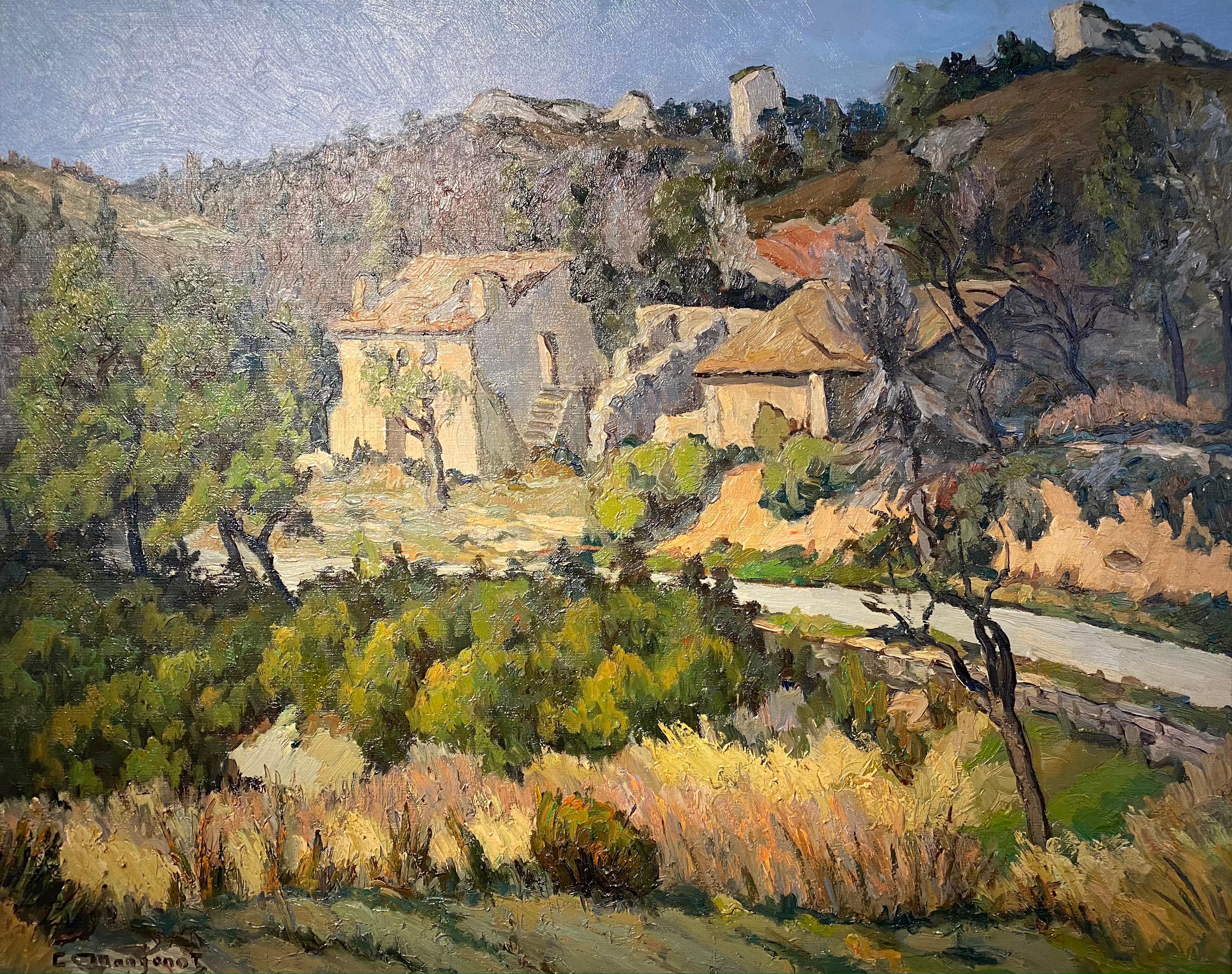 'Olive Groves' Rural French Landscape painting of trees, cottage & greenery  - Painting by Emile Mangenot