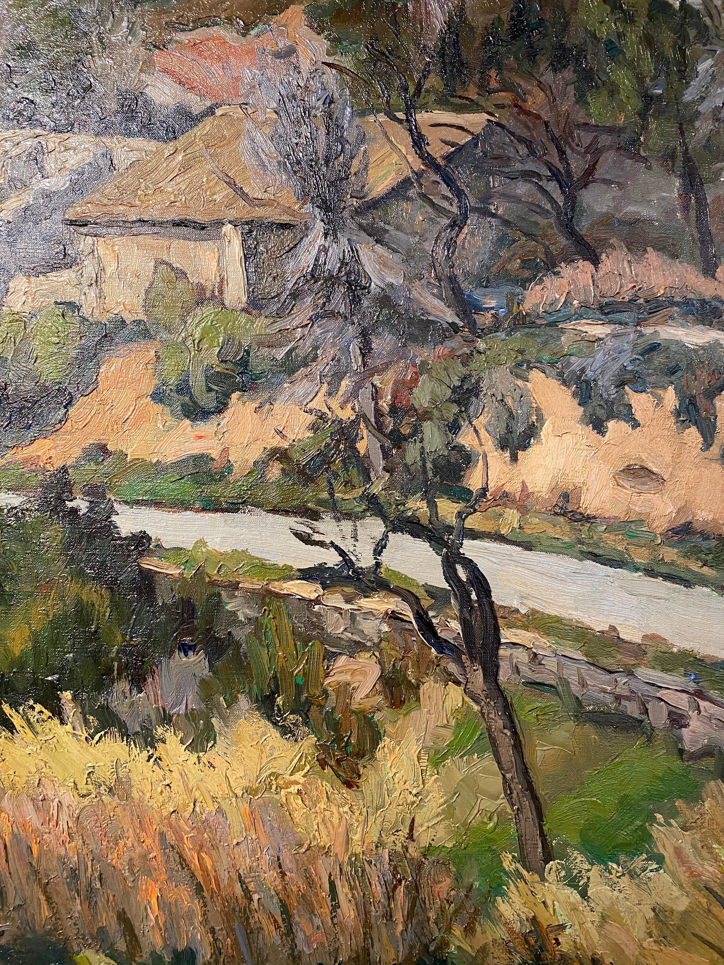 Peinture rurale française Live Groves d'un paysage d'arbres, de chalet et de verdure  - Impressionnisme Painting par Emile Mangenot