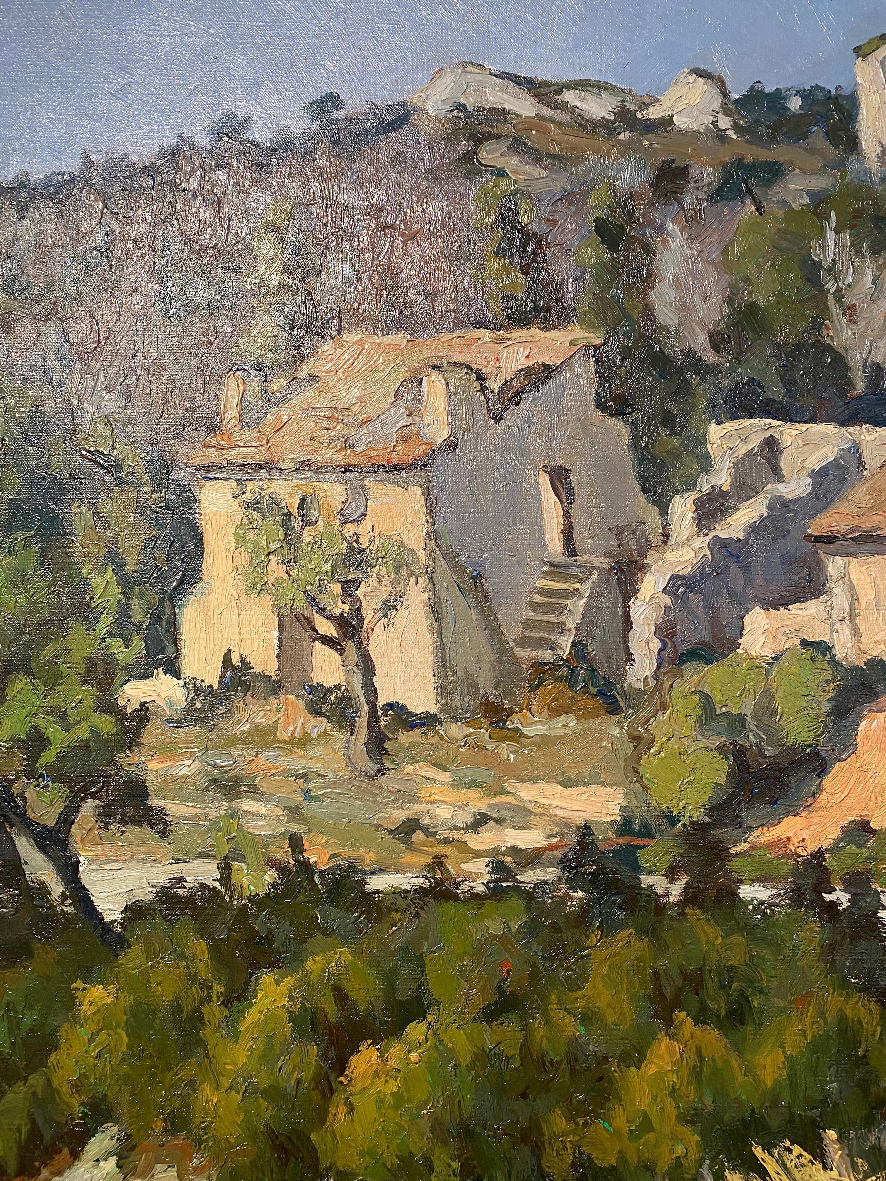 Peinture rurale française Live Groves d'un paysage d'arbres, de chalet et de verdure  - Marron Landscape Painting par Emile Mangenot