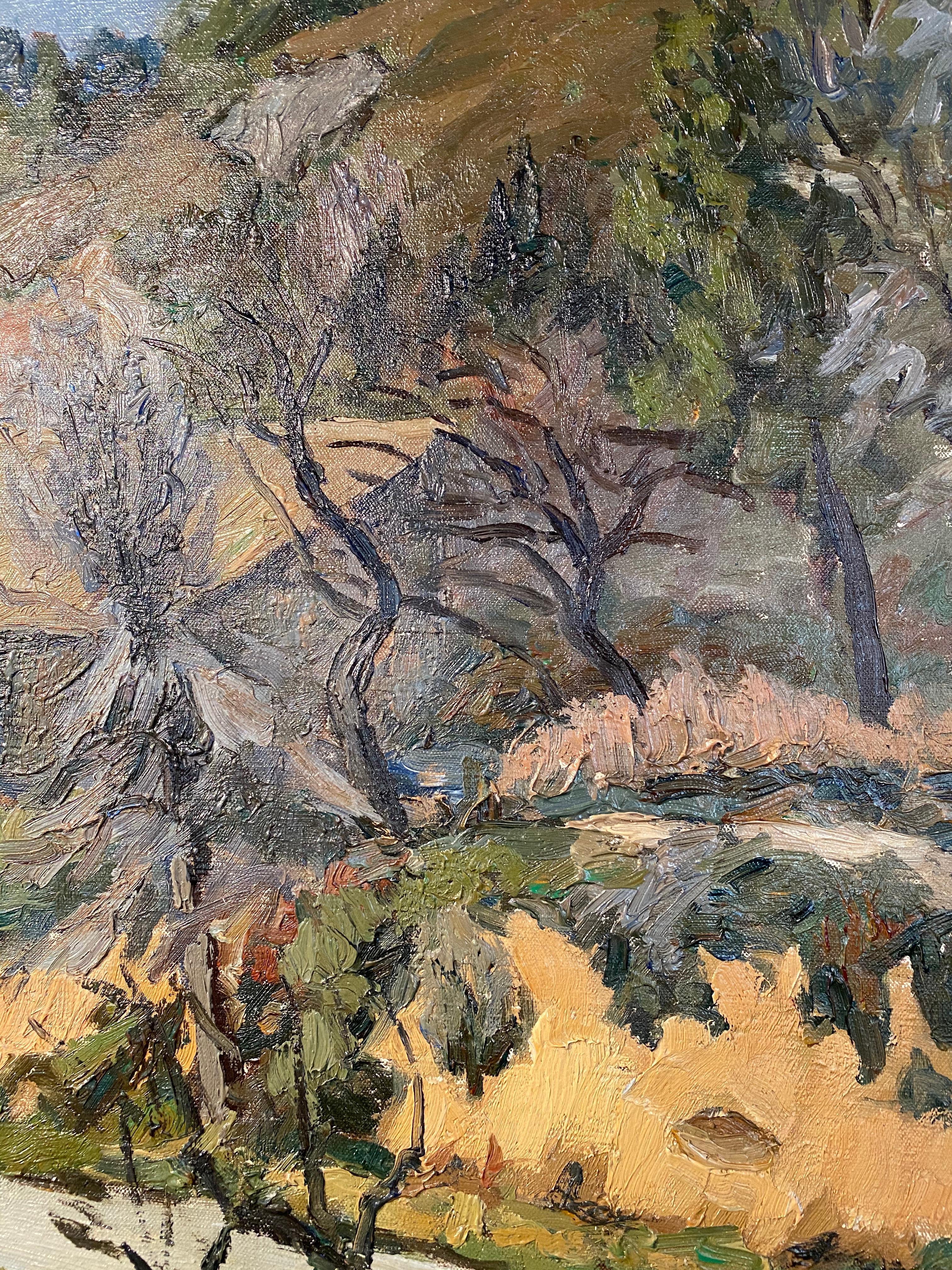 'Olive Groves' Rural French Landscape painting of trees, cottage & greenery  - Impressionist Painting by Emile Mangenot