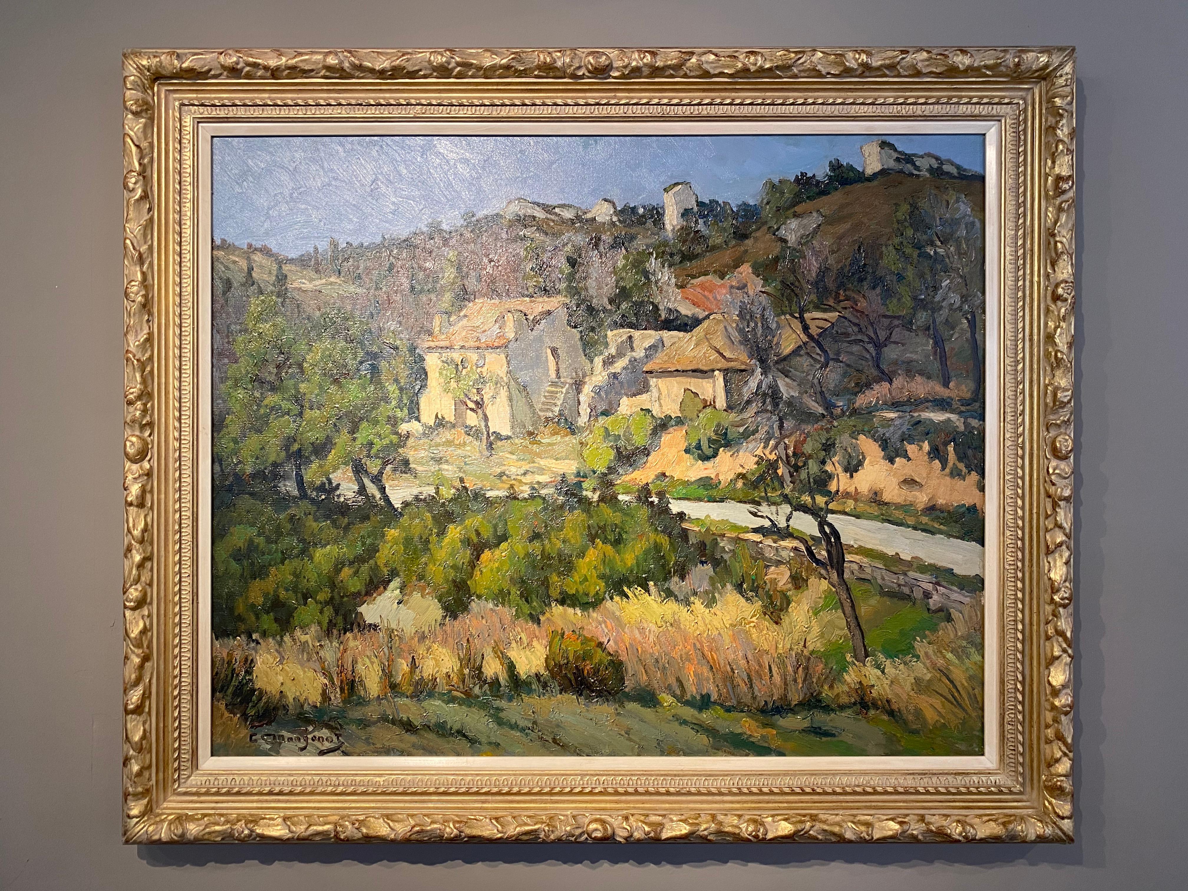 Landscape Painting Emile Mangenot - Peinture rurale française Live Groves d'un paysage d'arbres, de chalet et de verdure 