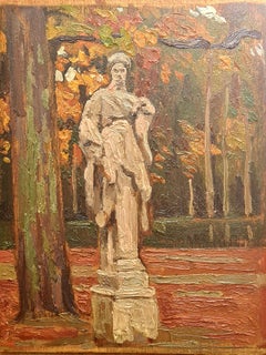 Classical Statue in the Parc at Versailles, Post-Impressionist Oil on Panel