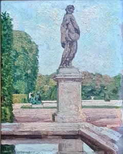 Classical Statue in the Parc at Versailles, Post-Impressionist Oil on Wood Panel