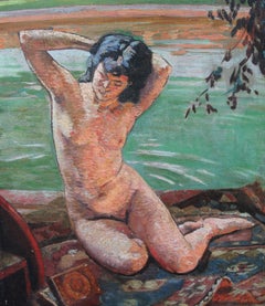 Pittura ad olio con scena di bagno femminile nuda