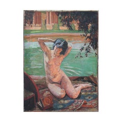 Nude Female Bathing Scene Oil Painting