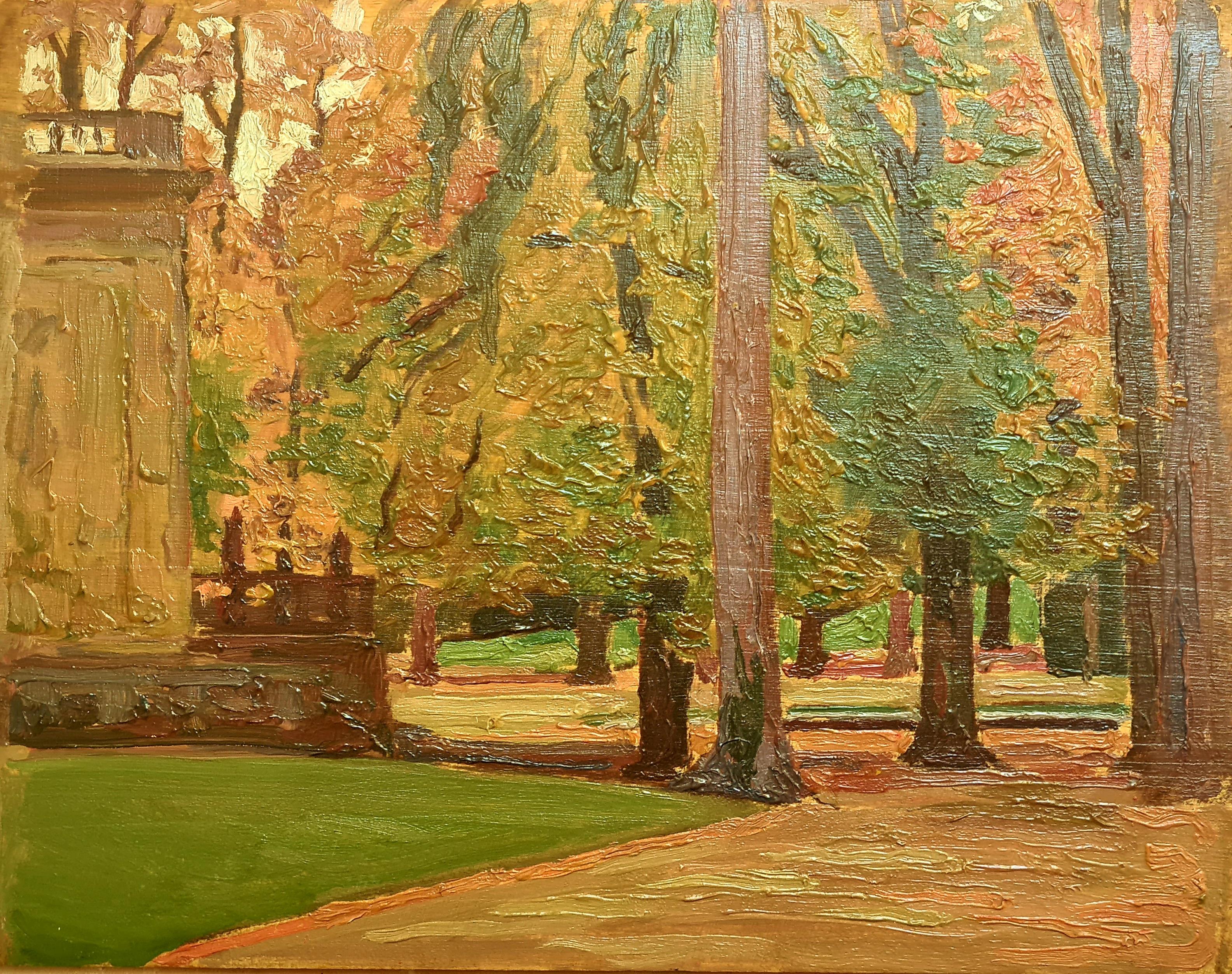Le parc et le pavillon classique de Versailles, huile sur panneau, postimpressionniste