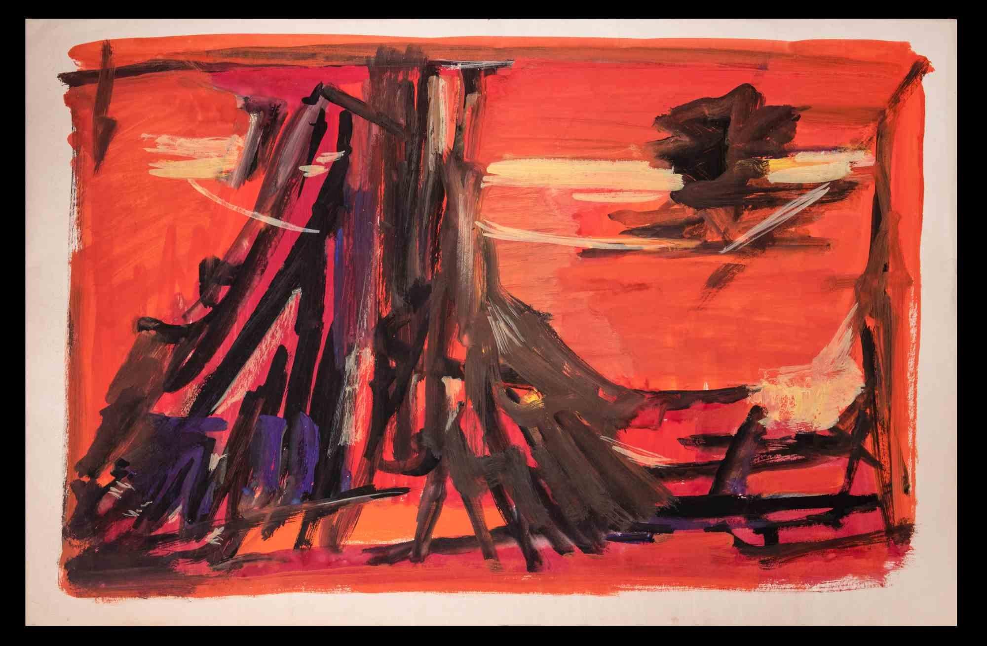 Abstract Composition in Red - Paint by Émile Marze - 1970s - Painting by Emile Marze  (born 1930)