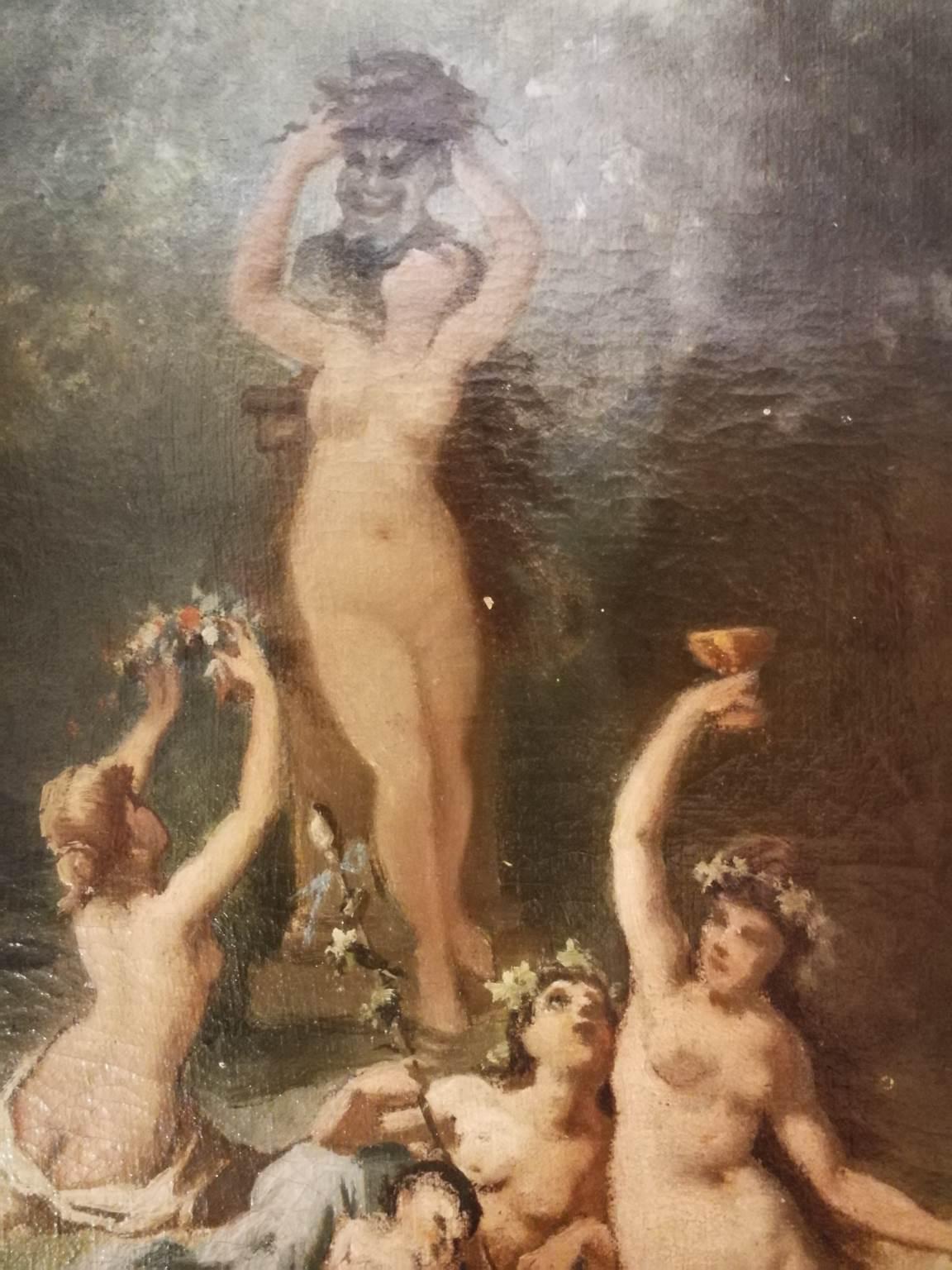Dipinto mitologico nudo simbolista francese del XIX secolo con cornice - Painting by Emile Meyer