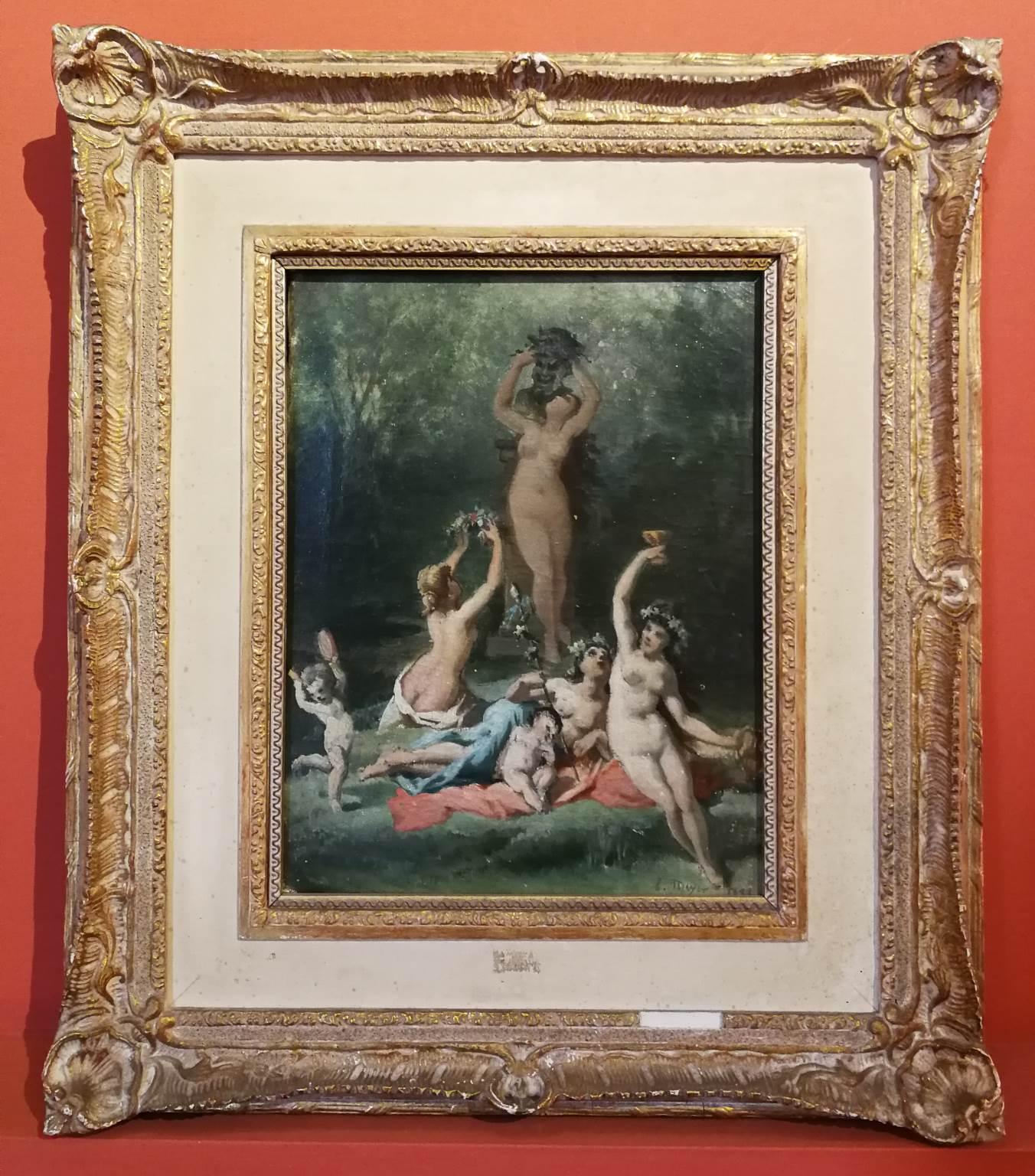 The painting (35 x 27 cm; 55 x 47 with frame) it's signed and dated E. Meyer 1892. 
The painting is composed by a pyramidal geometry that shows in close-up the a group of nude ladies wearing flower crowns, the Maenads, enlighted by a fantastic