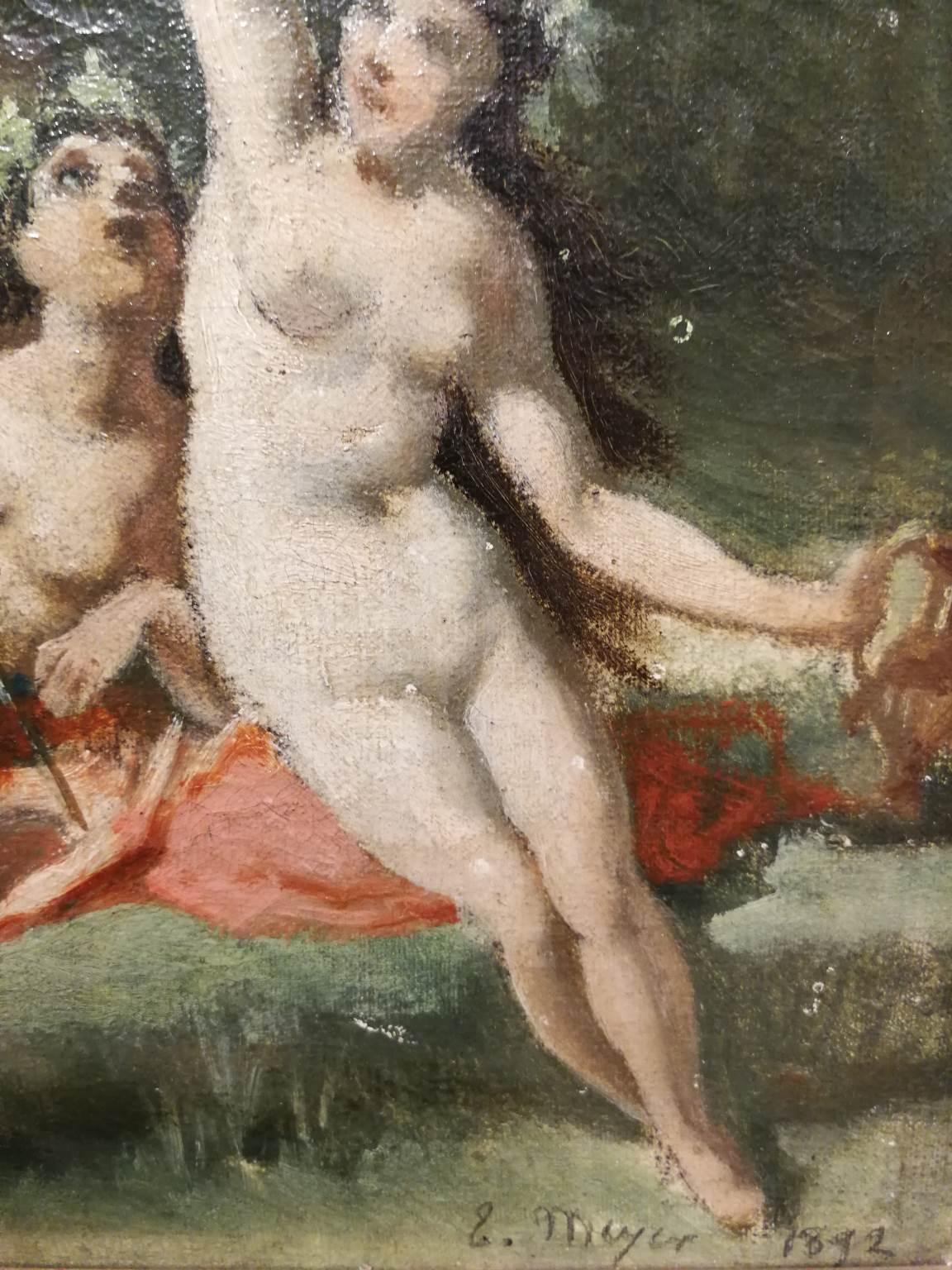Französisches mythologisches Aktgemälde in Öl auf Leinwand, signiert und datiert Meyer, 19. Jahrhundert (Sonstige Kunststile), Painting, von Emile Meyer