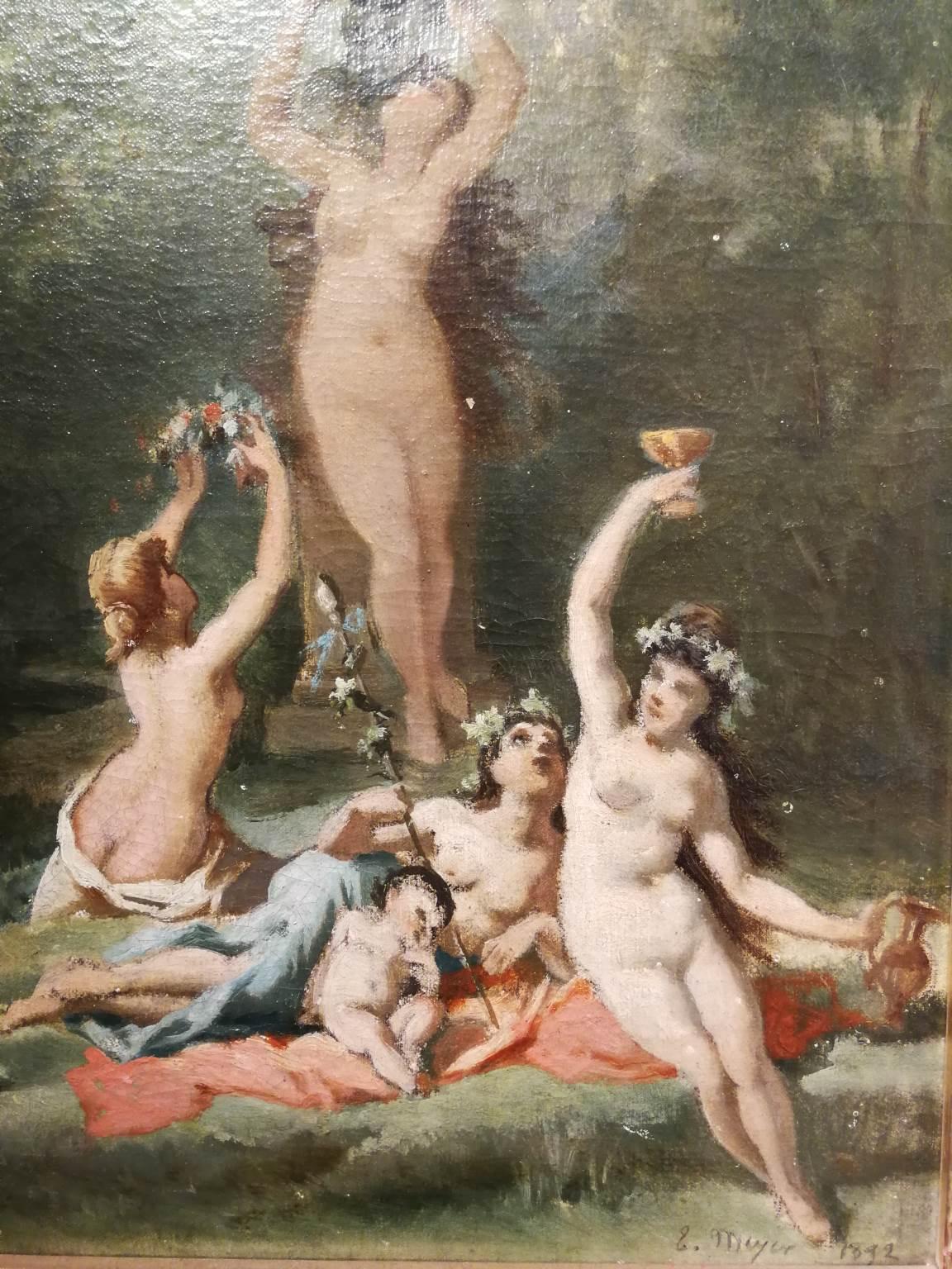 Französisches mythologisches Aktgemälde in Öl auf Leinwand, signiert und datiert Meyer, 19. Jahrhundert (Braun), Nude Painting, von Emile Meyer