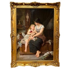 Antique "Mom in Love" 19th Century Academic Realistic French Oil Painting on Canvas
