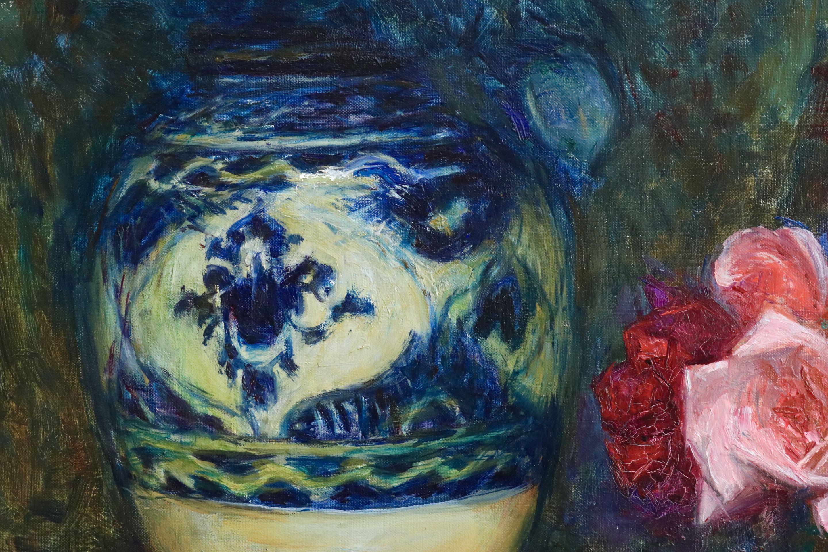 Fleurs - 20th Century Oil, Vase of Rose Flowers in Interior by Octave Guillonnet 3