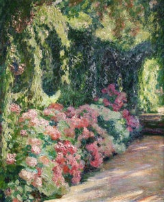 Jardin Fleuri - 19th Century Oil, Flowers in Garden Landscape by O Guillonnet